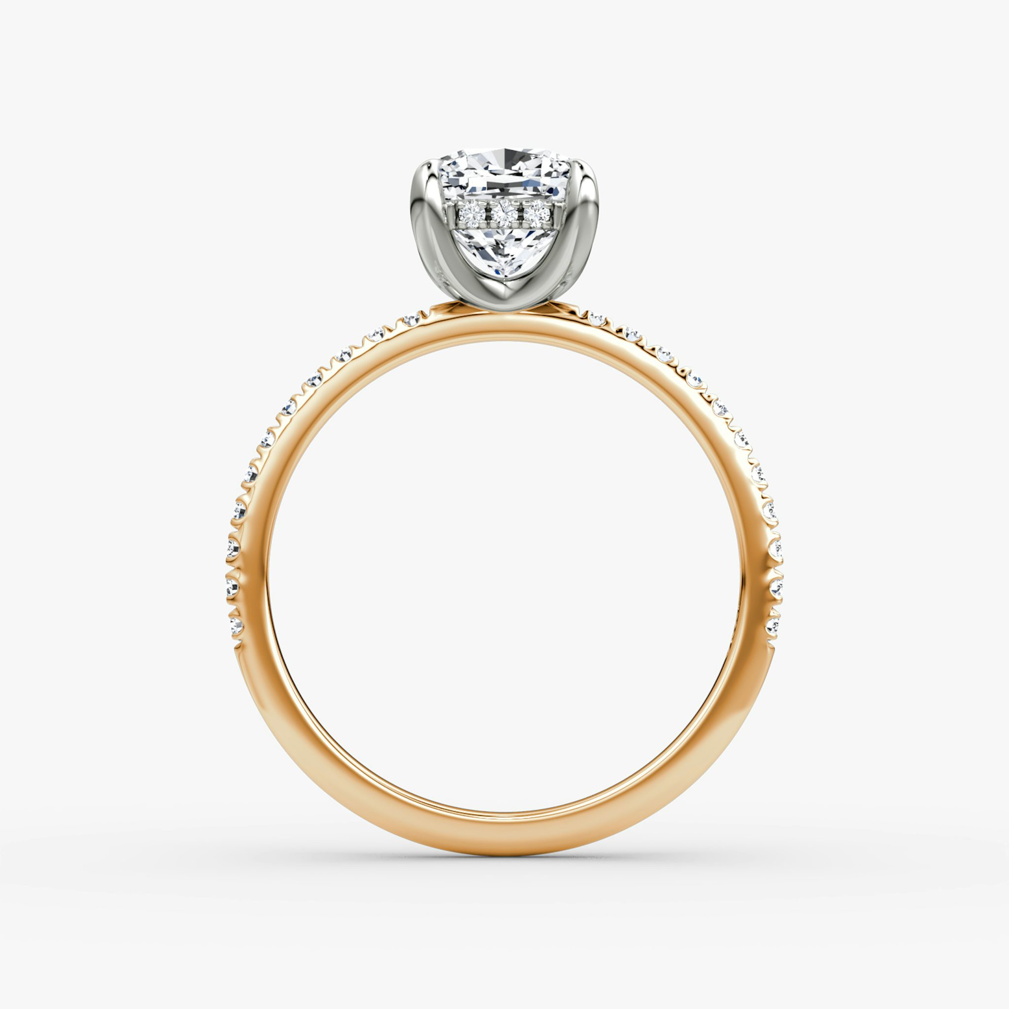 The Classic Hidden Halo | Cushion | 14k | Rose Gold and Platinum | bandAccent: Pavé | bandWidth: standard | prongStyle: Plain | diamondOrientation: vertical | caratWeight: other