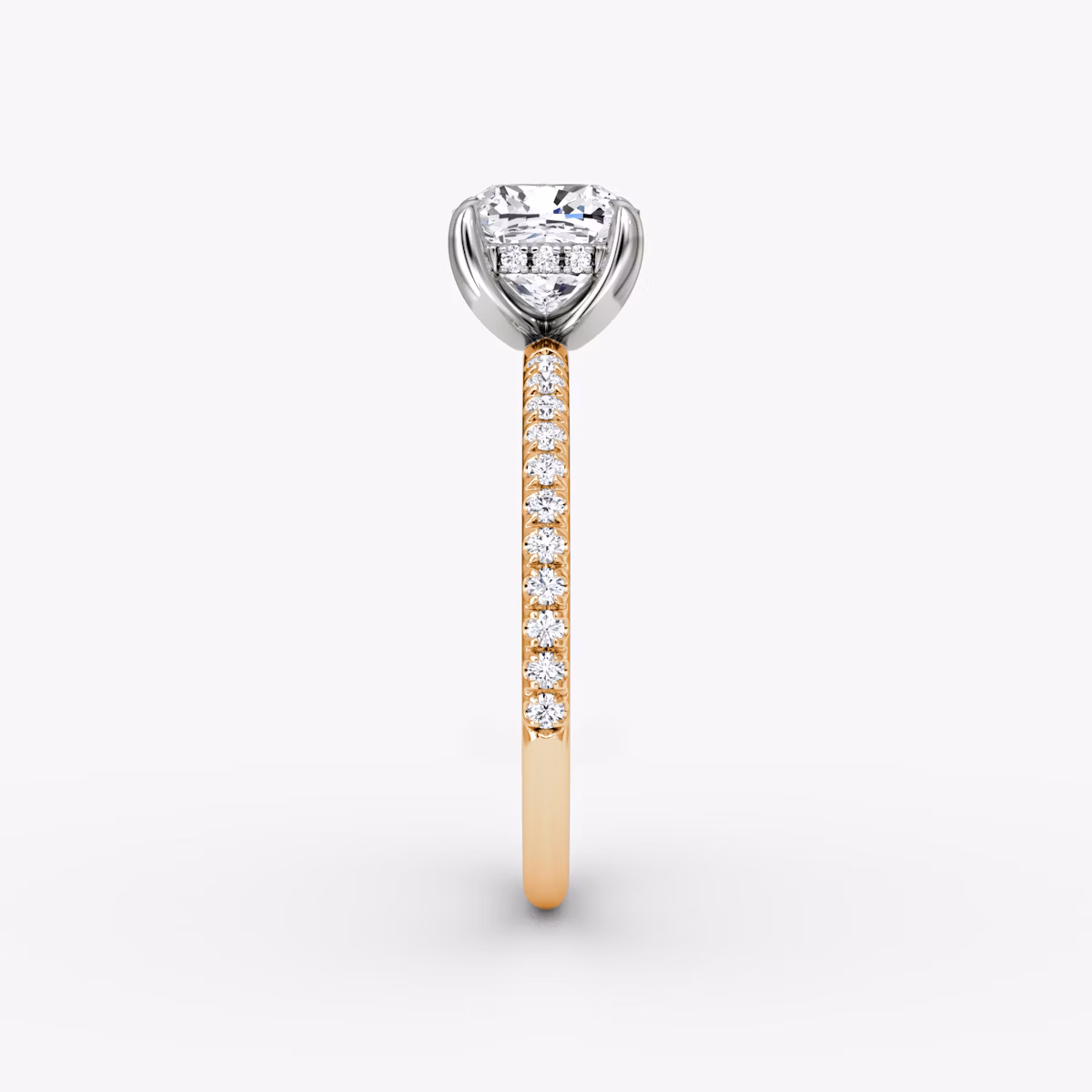 The Classic Hidden Halo | Cushion | 14k | Rose Gold and Platinum | bandAccent: Pavé | bandWidth: standard | prongStyle: Plain | diamondOrientation: vertical | caratWeight: other
