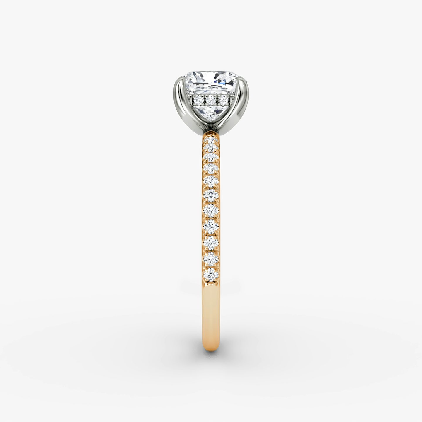 The Classic Hidden Halo | Cushion | 14k | Rose Gold and Platinum | bandAccent: Pavé | bandWidth: standard | prongStyle: Plain | diamondOrientation: vertical | caratWeight: other