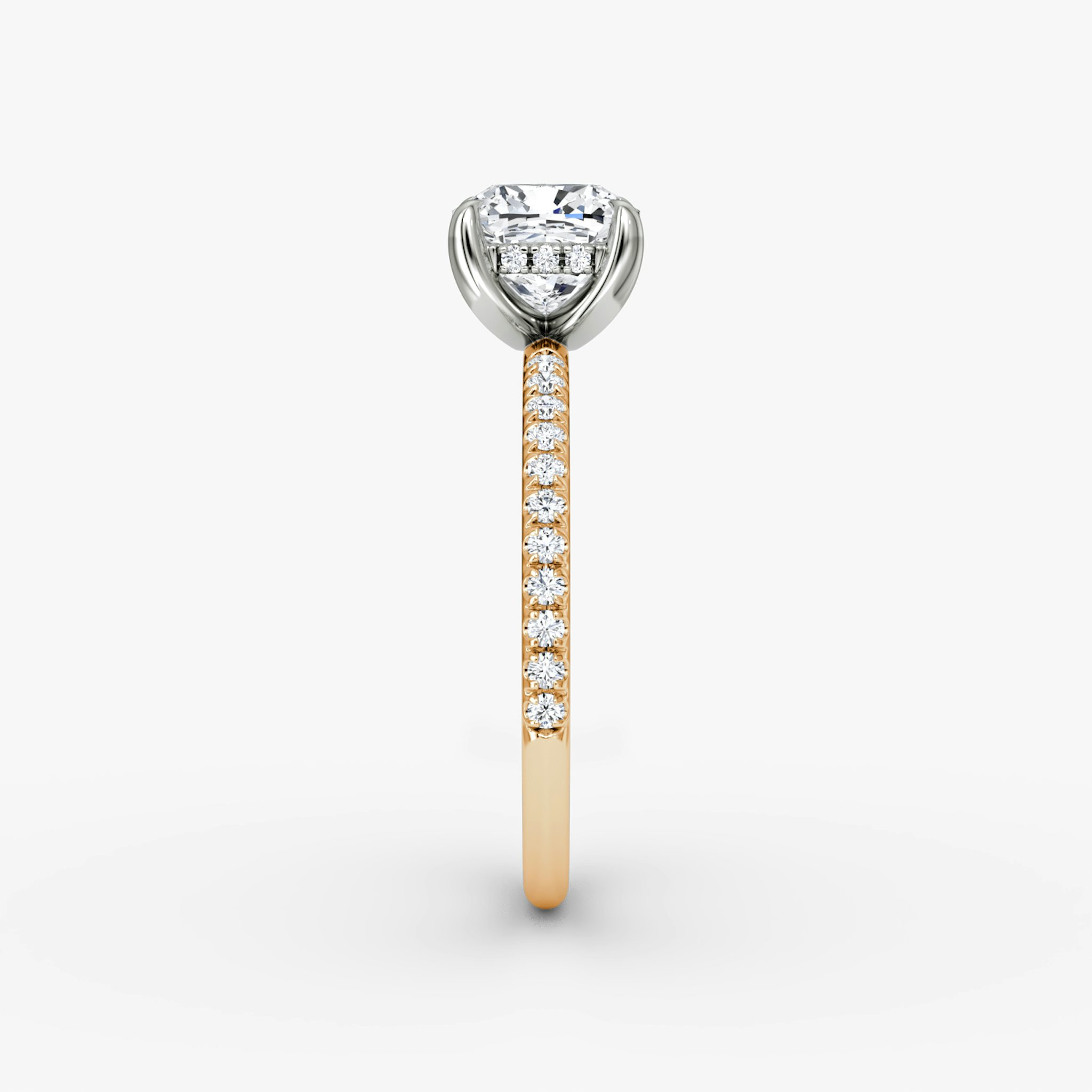 The Classic Hidden Halo | Cushion | 14k | Rose Gold and Platinum | bandAccent: Pavé | bandWidth: standard | prongStyle: Plain | diamondOrientation: vertical | caratWeight: other