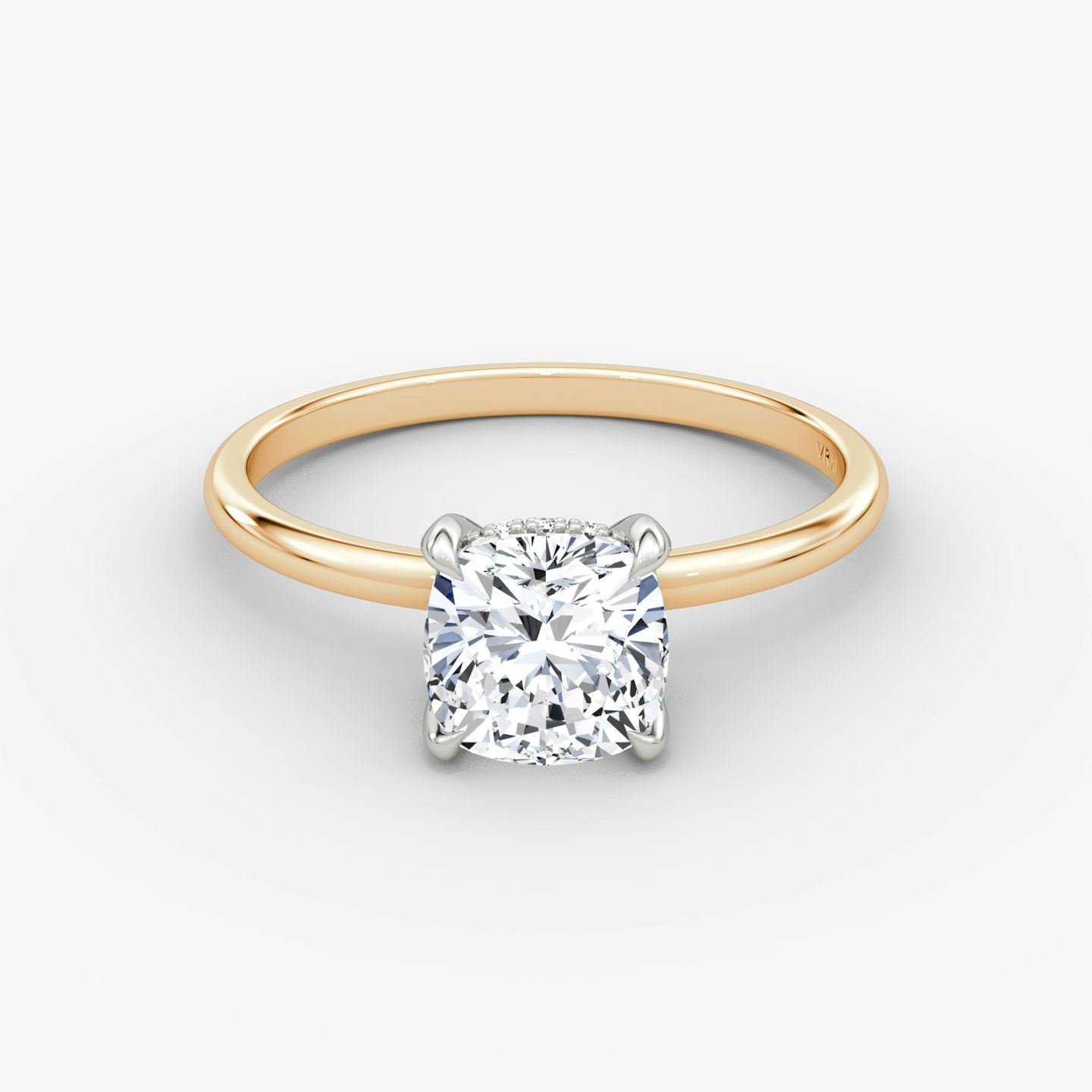 The Classic Hidden Halo | Cushion | 14k | Rose Gold and Platinum | bandAccent: Plain | bandWidth: standard | prongStyle: Plain | diamondOrientation: vertical | caratWeight: other