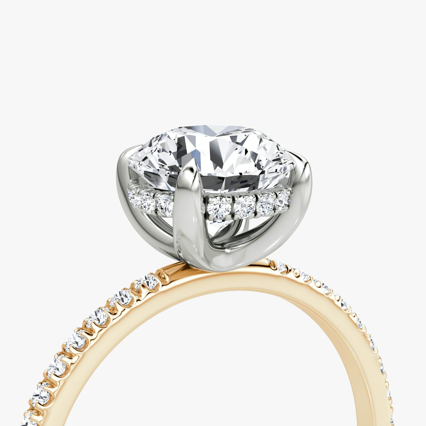 The Classic Hidden Halo | Round Brilliant | 14k | Rose Gold and Platinum | bandAccent: Pavé | bandWidth: standard | caratWeight: 1.5ct | prongStyle: Plain | diamondOrientation: vertical