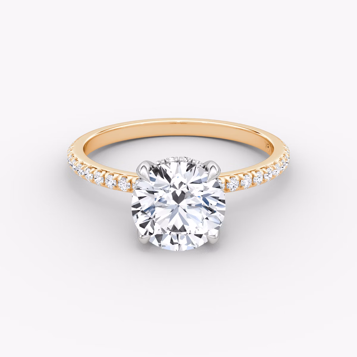 The Classic Hidden Halo | Round Brilliant | 14k | Rose Gold and Platinum | bandAccent: Pavé | bandWidth: standard | caratWeight: 1.5ct | prongStyle: Plain | diamondOrientation: vertical