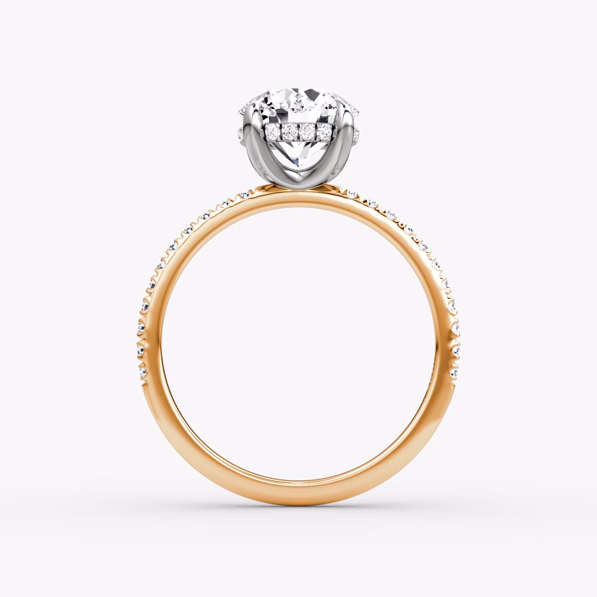 The Classic Hidden Halo | Round Brilliant | 14k | Rose Gold and Platinum | bandAccent: Pavé | bandWidth: standard | caratWeight: 1.5ct | prongStyle: Plain | diamondOrientation: vertical
