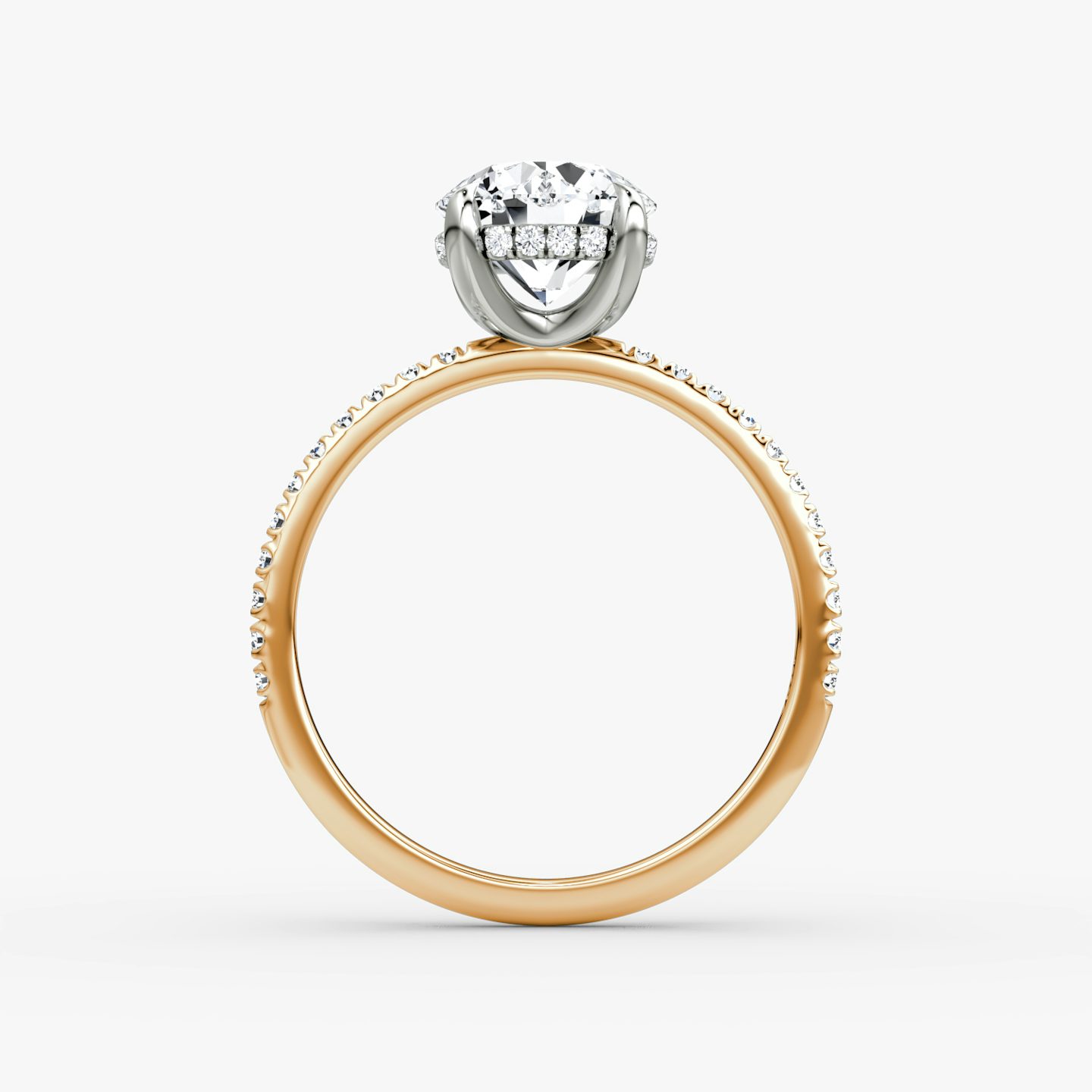The Classic Hidden Halo | Round Brilliant | 14k | Rose Gold and Platinum | bandAccent: Pavé | bandWidth: standard | caratWeight: 1.5ct | prongStyle: Plain | diamondOrientation: vertical