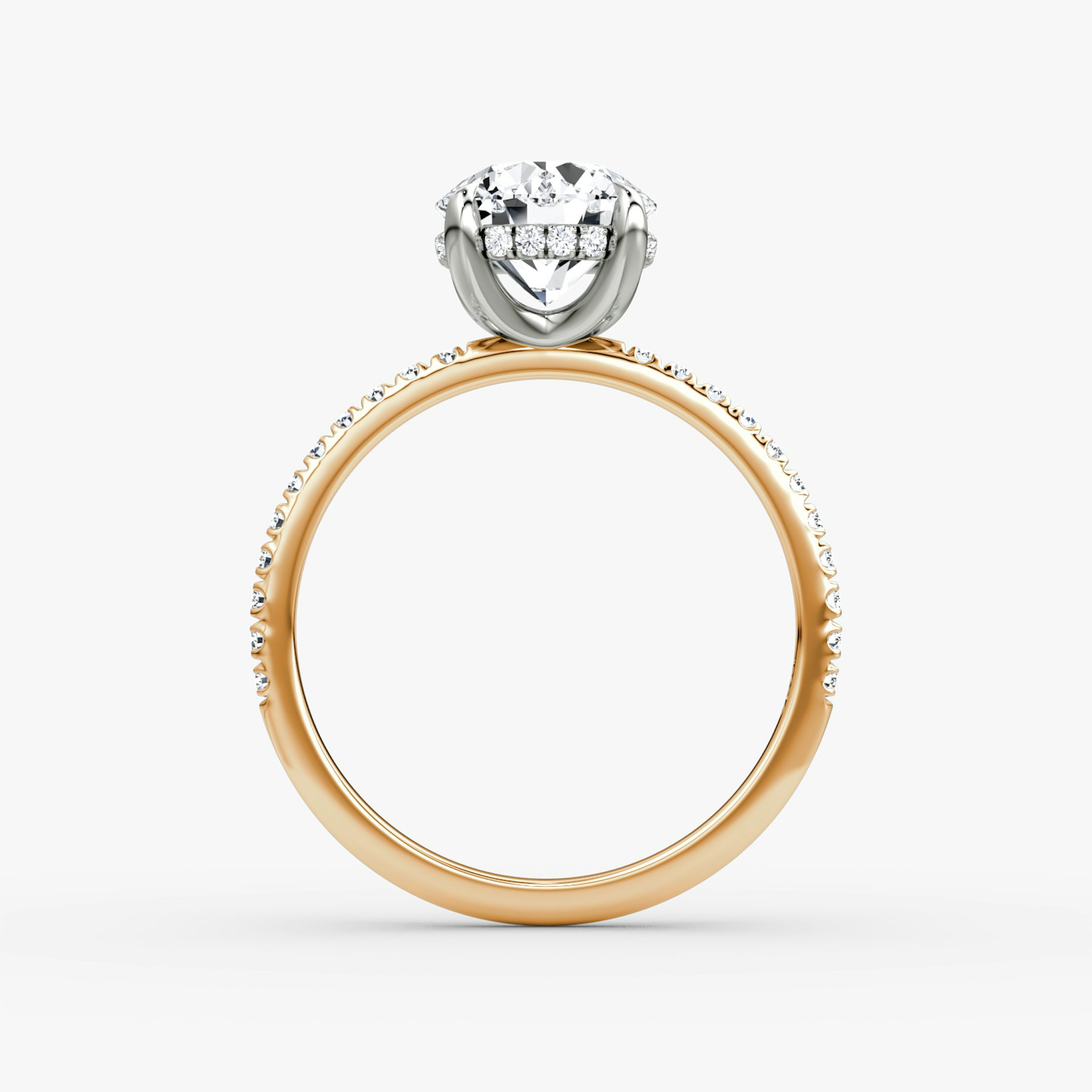 The Classic Hidden Halo | Round Brilliant | 14k | Rose Gold and Platinum | bandAccent: Pavé | bandWidth: standard | caratWeight: 2.0ct | prongStyle: Plain | diamondOrientation: vertical