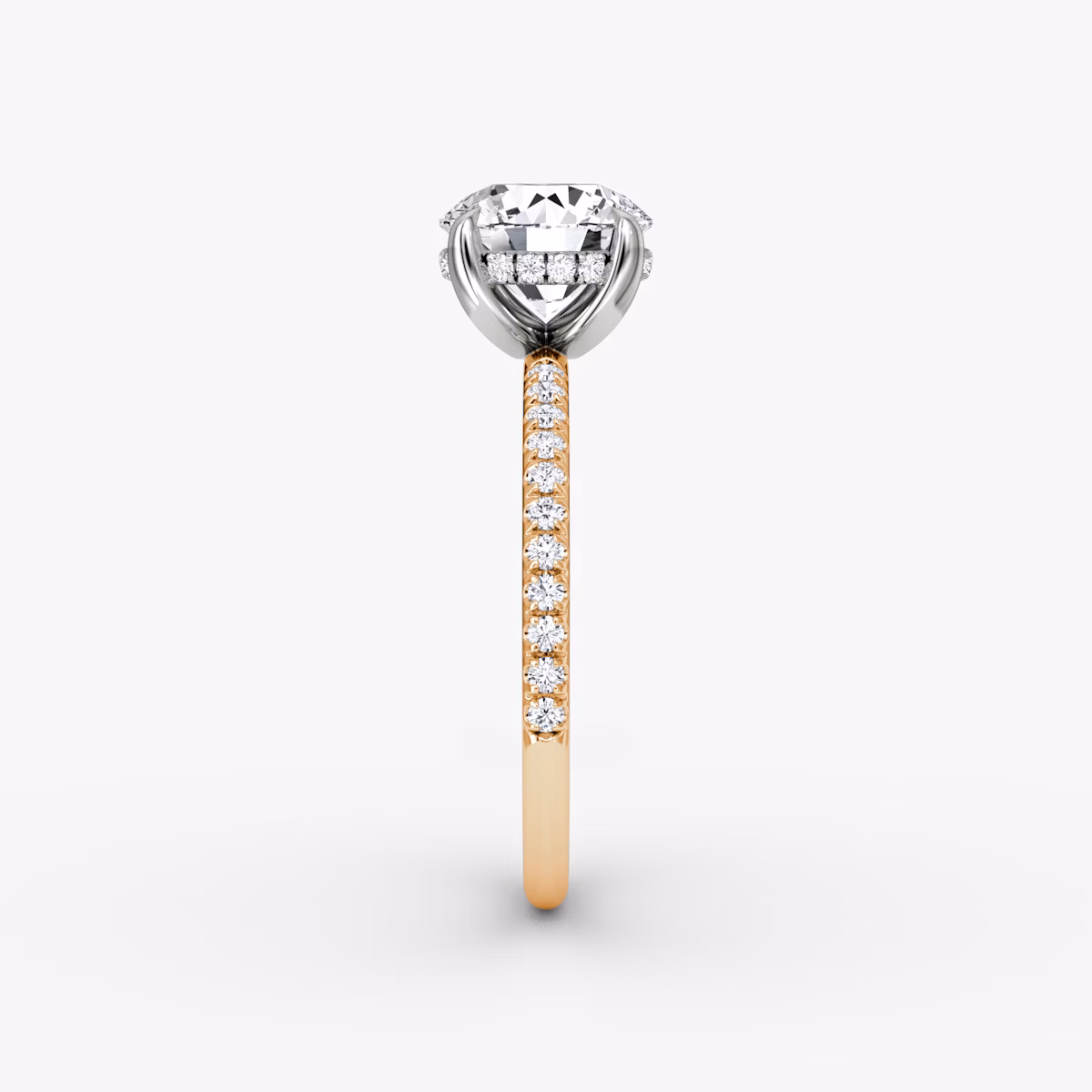 The Classic Hidden Halo | Round Brilliant | 14k | Rose Gold and Platinum | bandAccent: Pavé | bandWidth: standard | caratWeight: 1.5ct | prongStyle: Plain | diamondOrientation: vertical