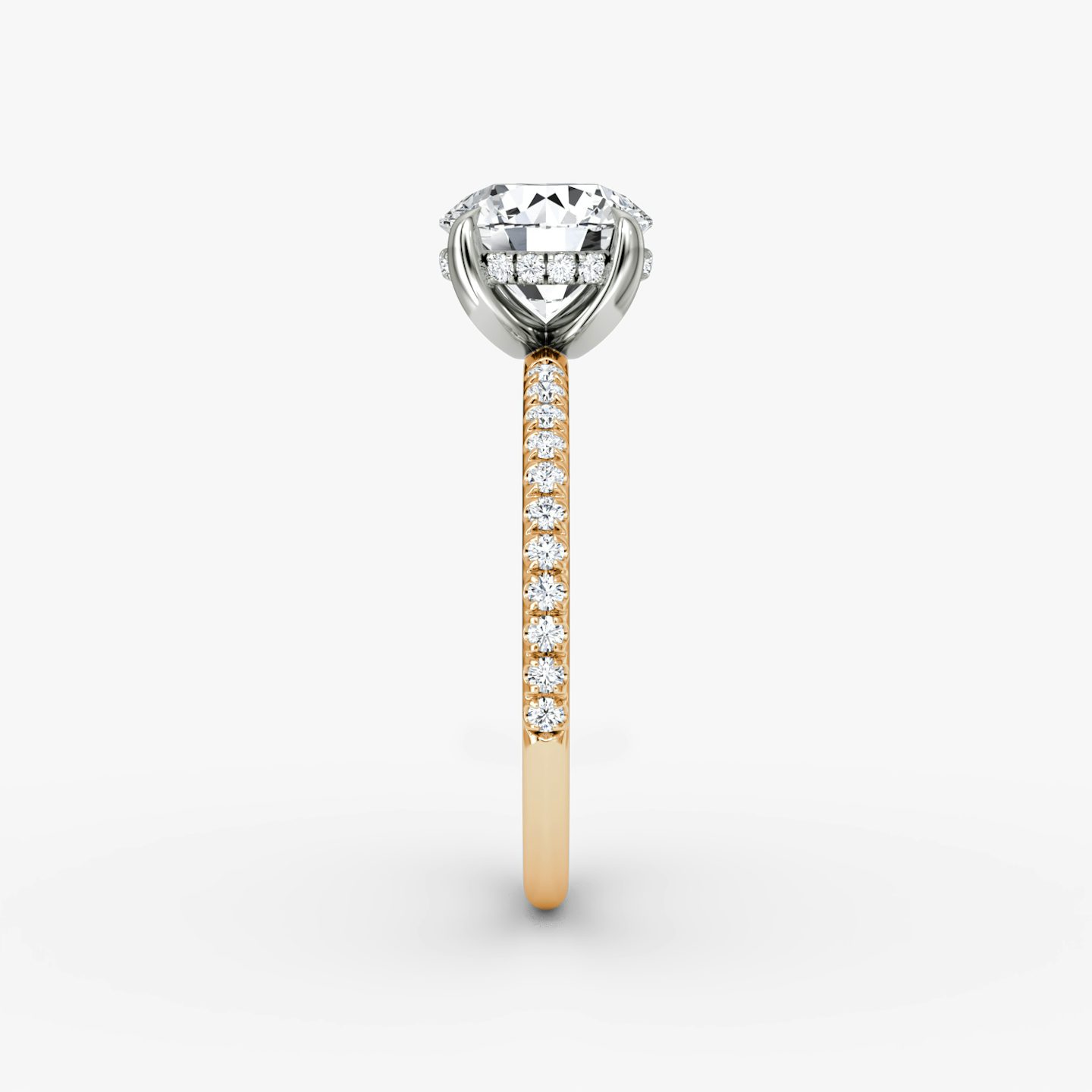 The Classic Hidden Halo | Round Brilliant | 14k | Rose Gold and Platinum | bandAccent: Pavé | bandWidth: standard | caratWeight: 1.5ct | prongStyle: Plain | diamondOrientation: vertical