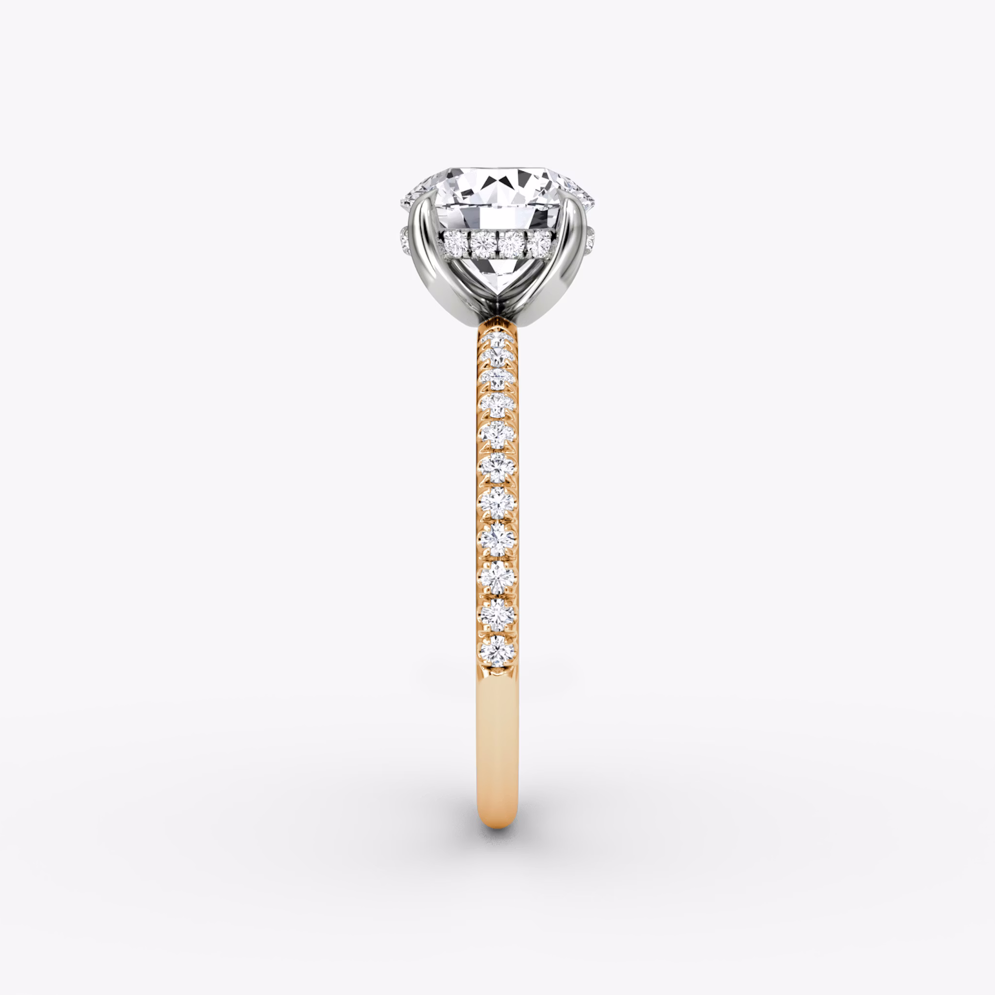 The Classic Hidden Halo | Round Brilliant | 14k | Rose Gold and Platinum | bandAccent: Pavé | bandWidth: standard | caratWeight: other | prongStyle: Plain | diamondOrientation: vertical