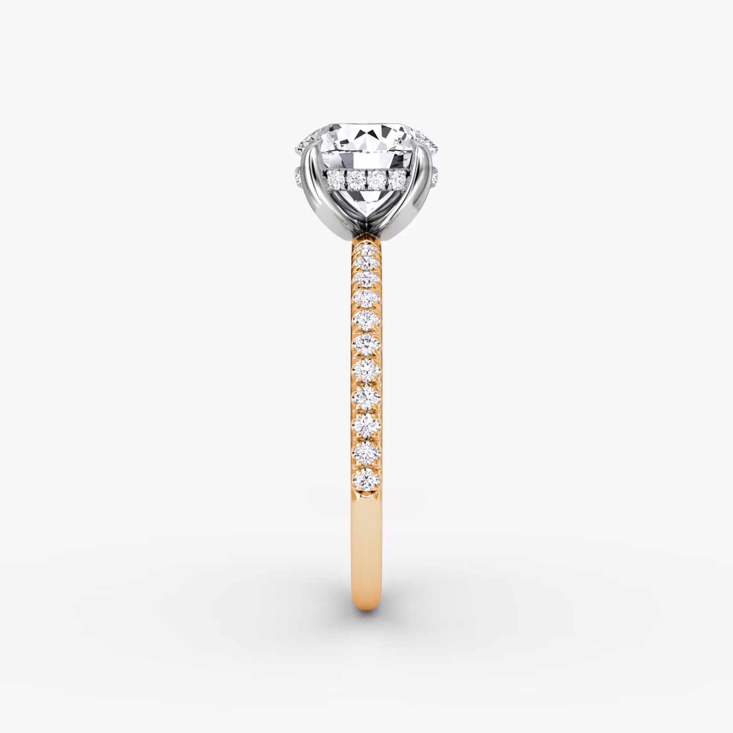 The Classic Hidden Halo | Round Brilliant | 14k | Rose Gold and Platinum | bandAccent: Pavé | bandWidth: standard | caratWeight: other | prongStyle: Plain | diamondOrientation: vertical