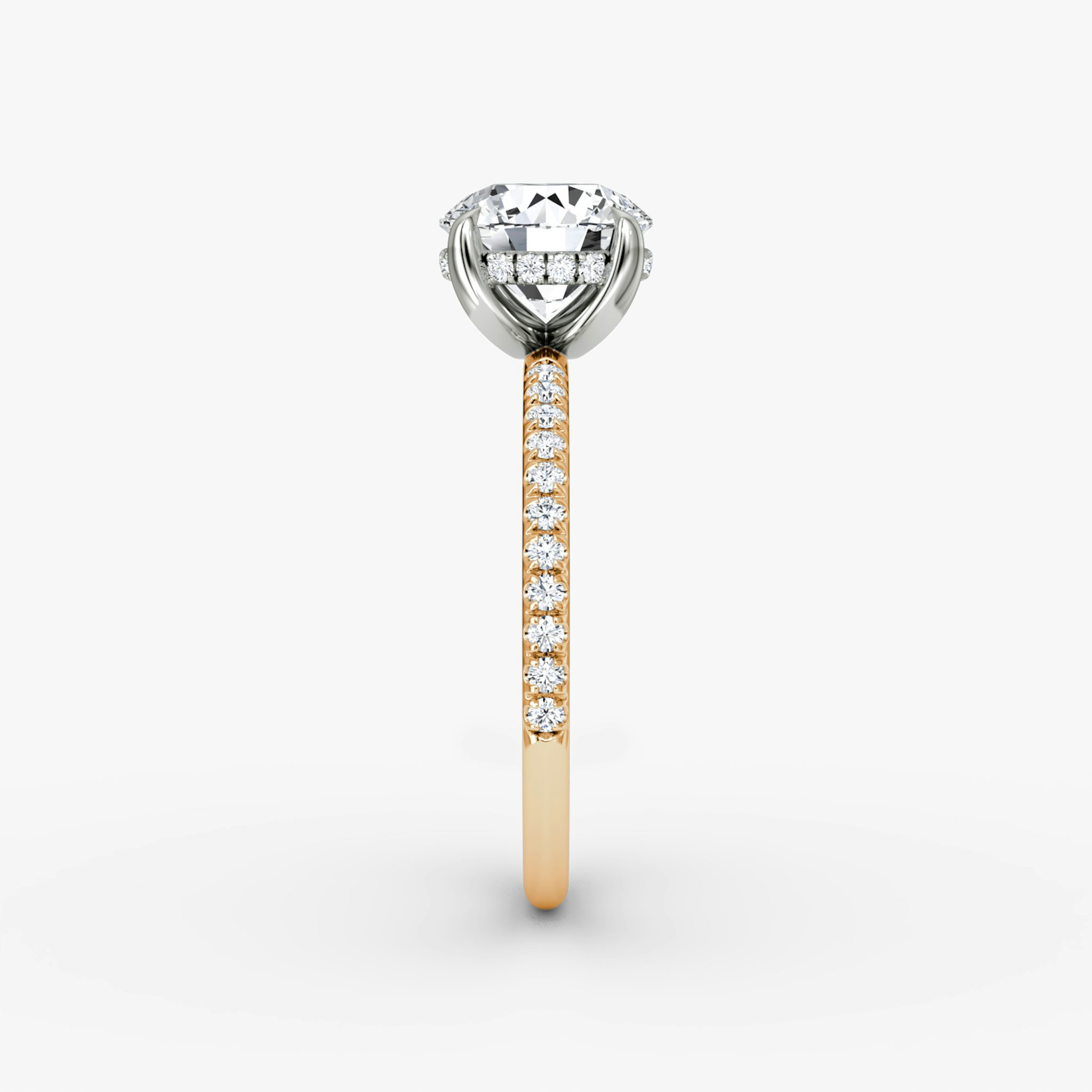 The Classic Hidden Halo | Round Brilliant | 14k | Rose Gold and Platinum | bandAccent: Pavé | bandWidth: standard | caratWeight: other | prongStyle: Plain | diamondOrientation: vertical