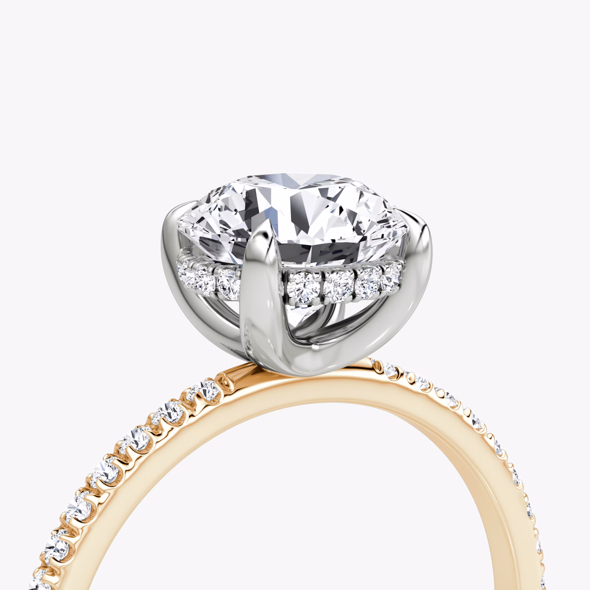 The Classic Hidden Halo | Round Brilliant | 14k | Rose Gold and Platinum | bandAccent: Pavé | bandWidth: standard | caratWeight: other | prongStyle: Plain | diamondOrientation: vertical