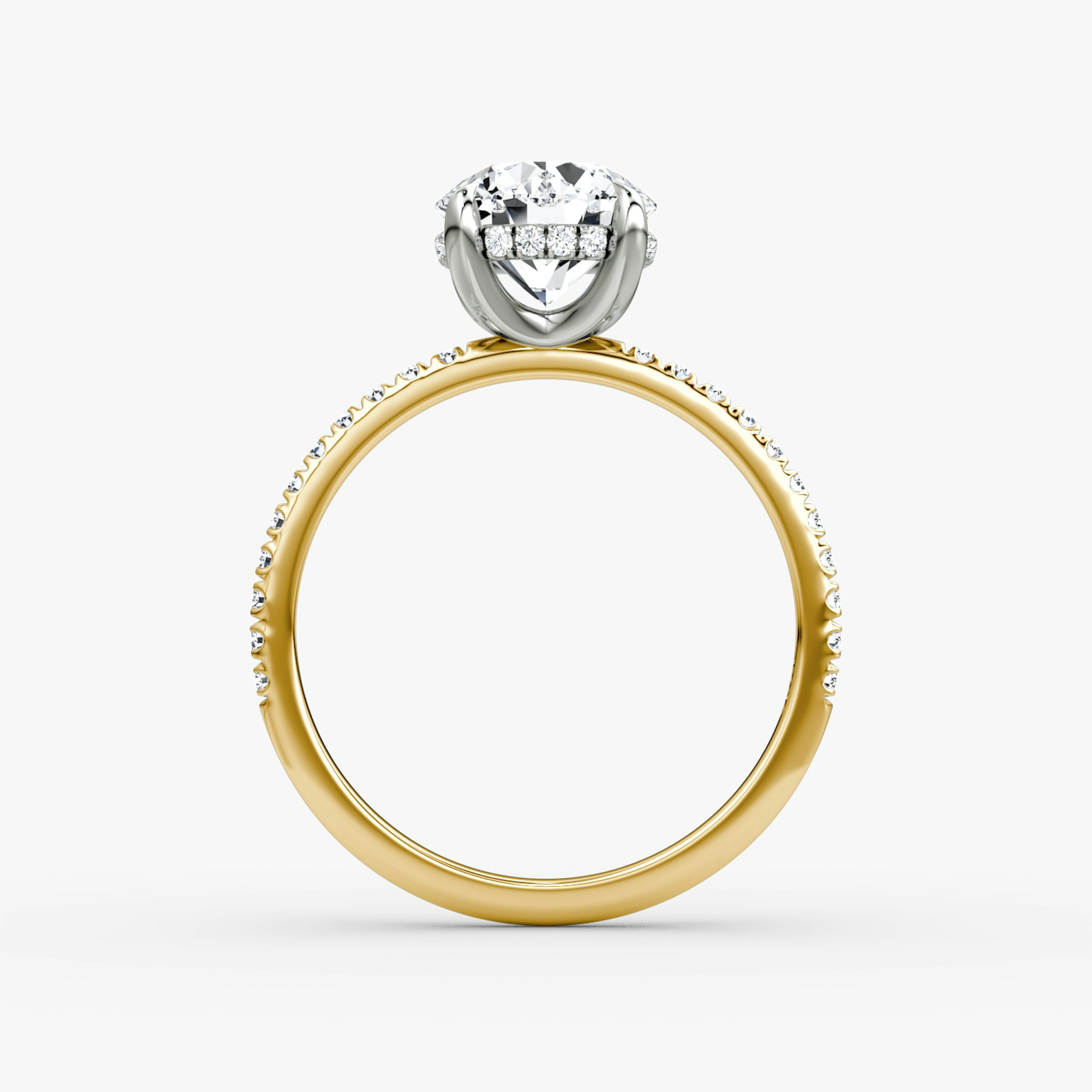 The Classic Hidden Halo | Round Brilliant | 18k | Yellow Gold and Platinum | bandAccent: Pavé | bandWidth: standard | caratWeight: 1.0ct | prongStyle: Plain | diamondOrientation: vertical