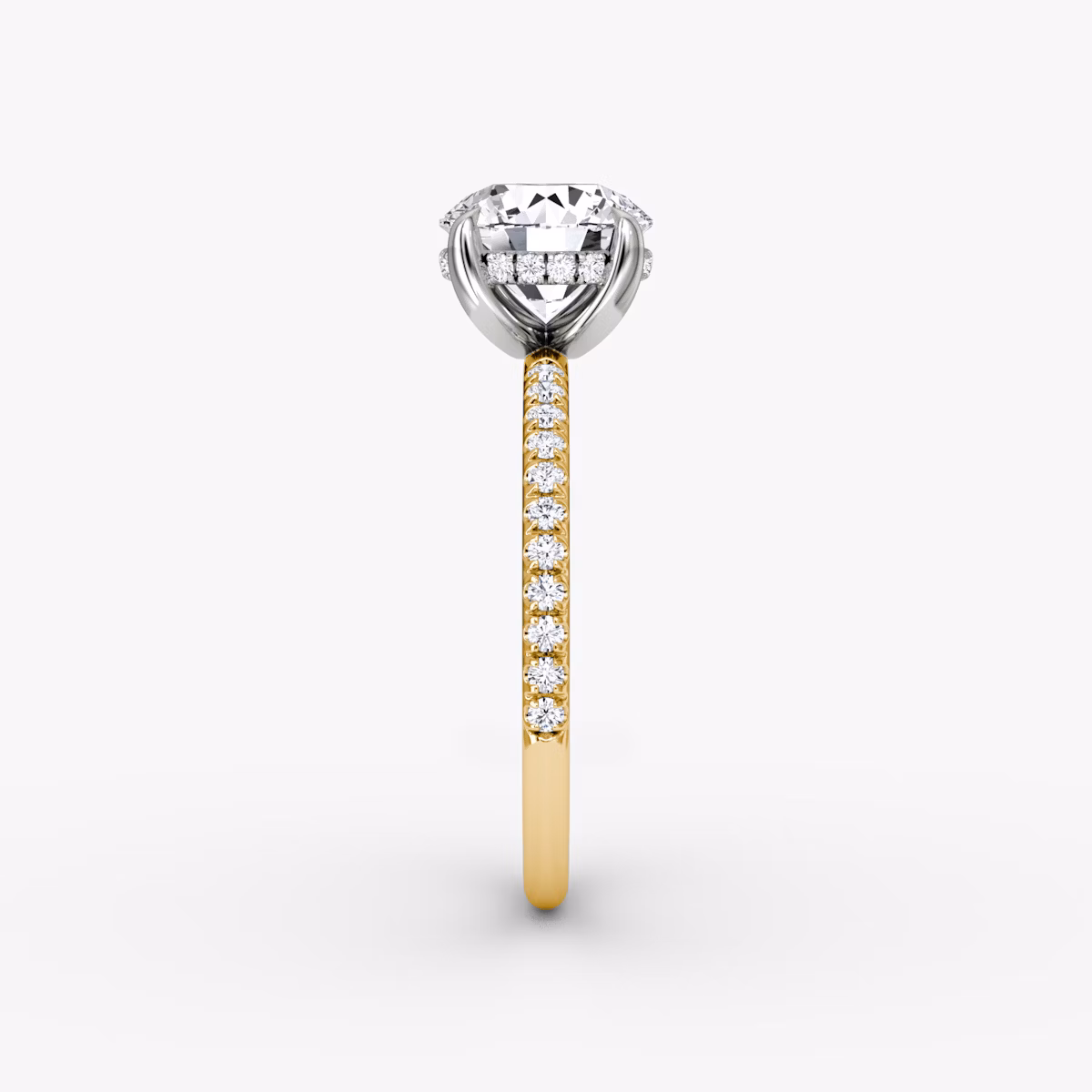 The Classic Hidden Halo | Round Brilliant | 18k | Yellow Gold and Platinum | bandAccent: Pavé | bandWidth: standard | caratWeight: 1.5ct | prongStyle: Plain | diamondOrientation: vertical