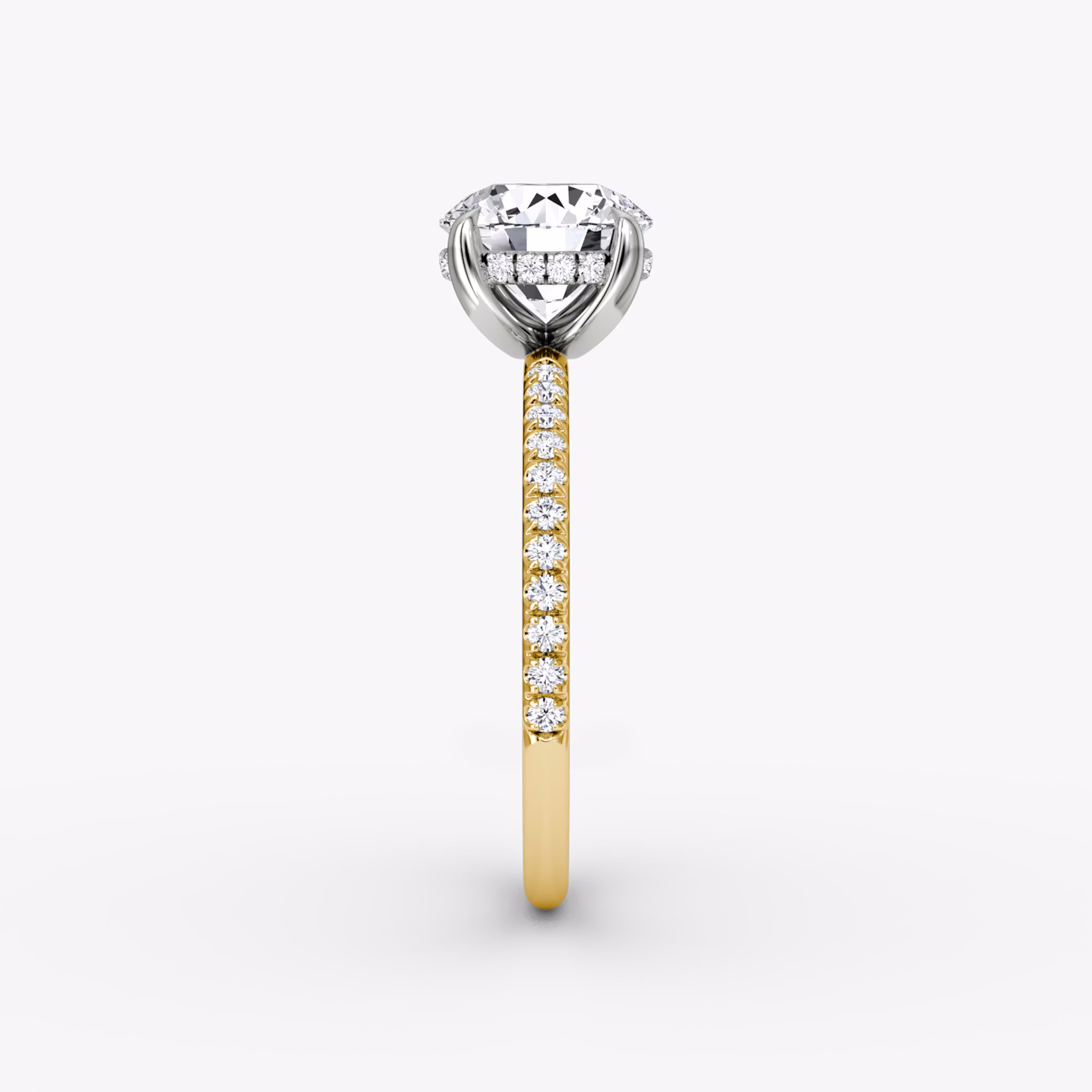 The Classic Hidden Halo | Round Brilliant | 18k | Yellow Gold and Platinum | bandAccent: Pavé | bandWidth: standard | caratWeight: 1.0ct | prongStyle: Plain | diamondOrientation: vertical