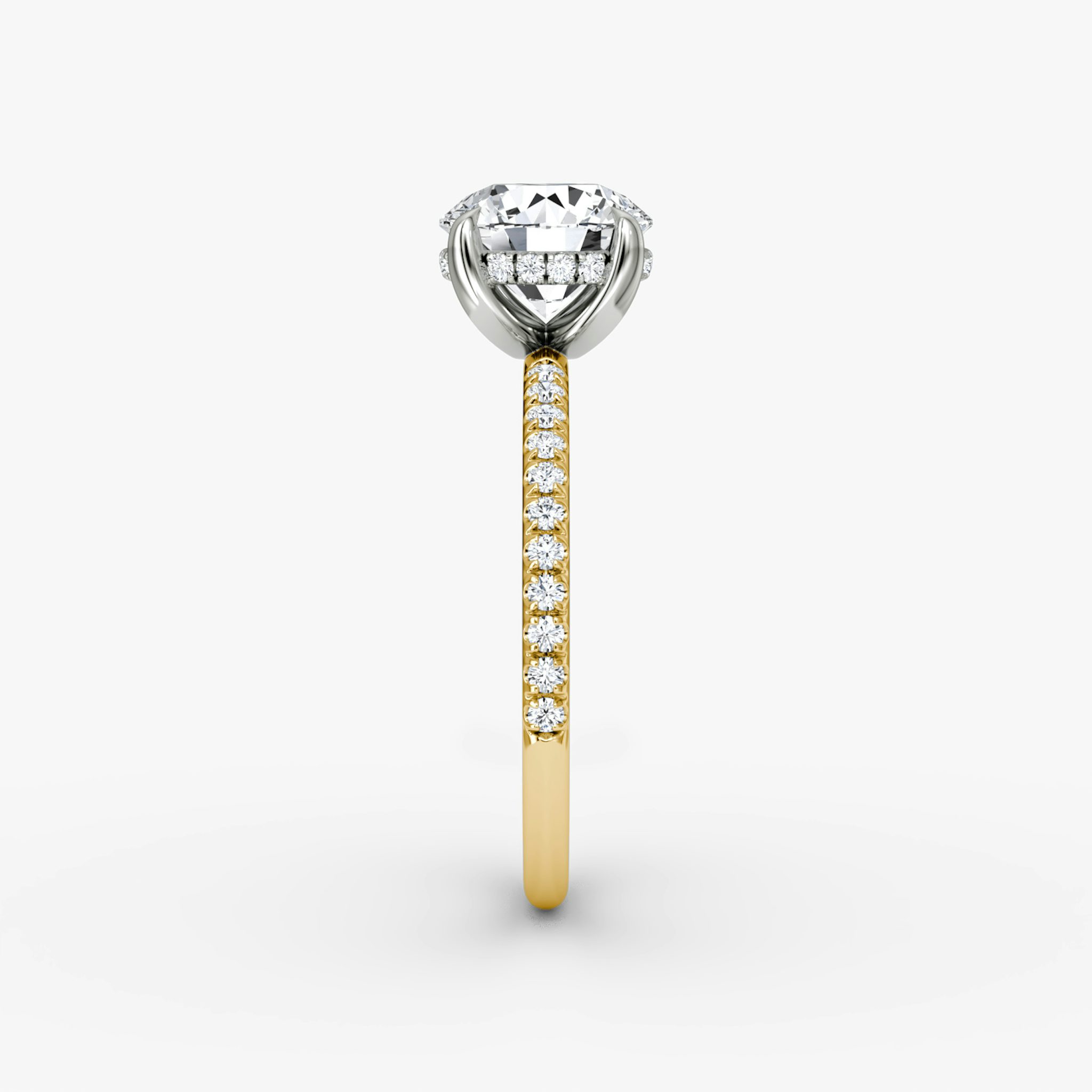 The Classic Hidden Halo | Round Brilliant | 18k | Yellow Gold and Platinum | bandAccent: Pavé | bandWidth: standard | caratWeight: 1.0ct | prongStyle: Plain | diamondOrientation: vertical