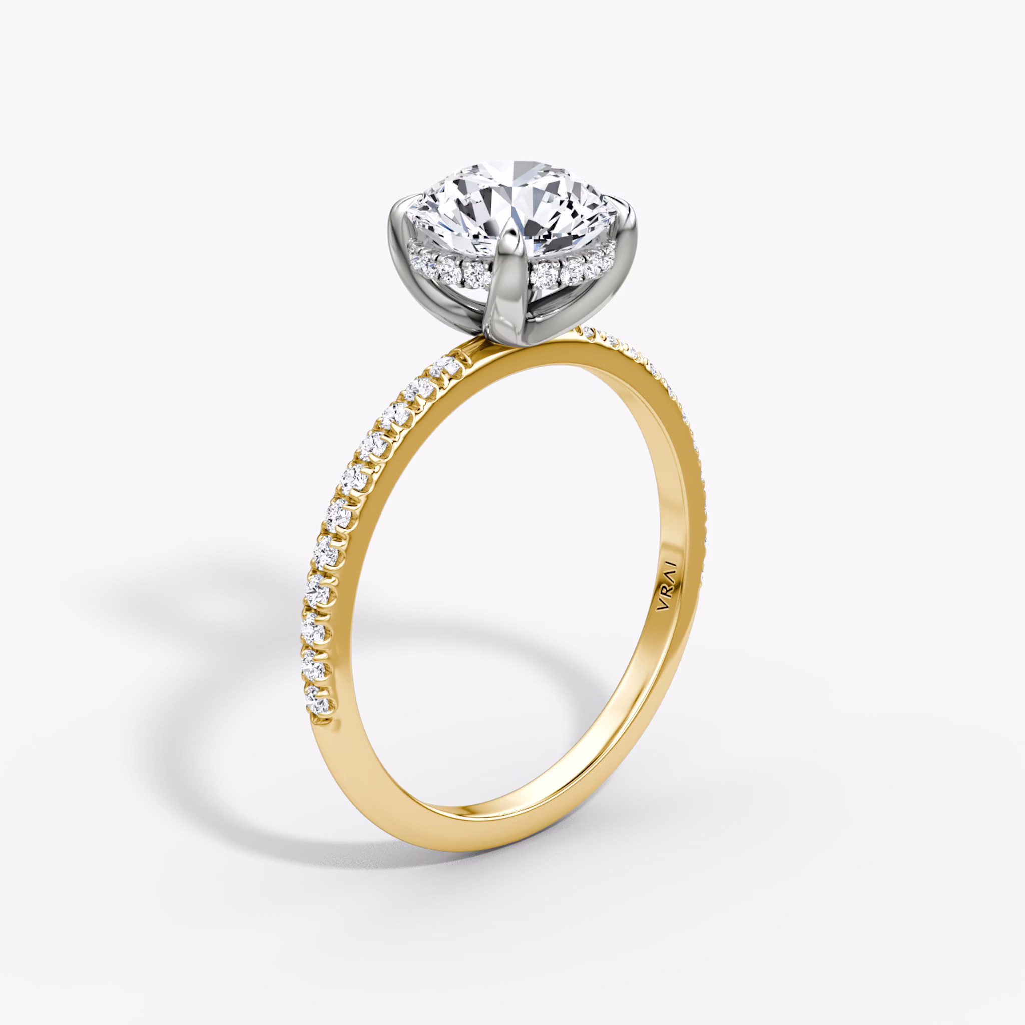 The Classic Hidden Halo | Round Brilliant | 18k | Yellow Gold and Platinum | bandAccent: Pavé | bandWidth: standard | caratWeight: 1.0ct | prongStyle: Plain | diamondOrientation: vertical