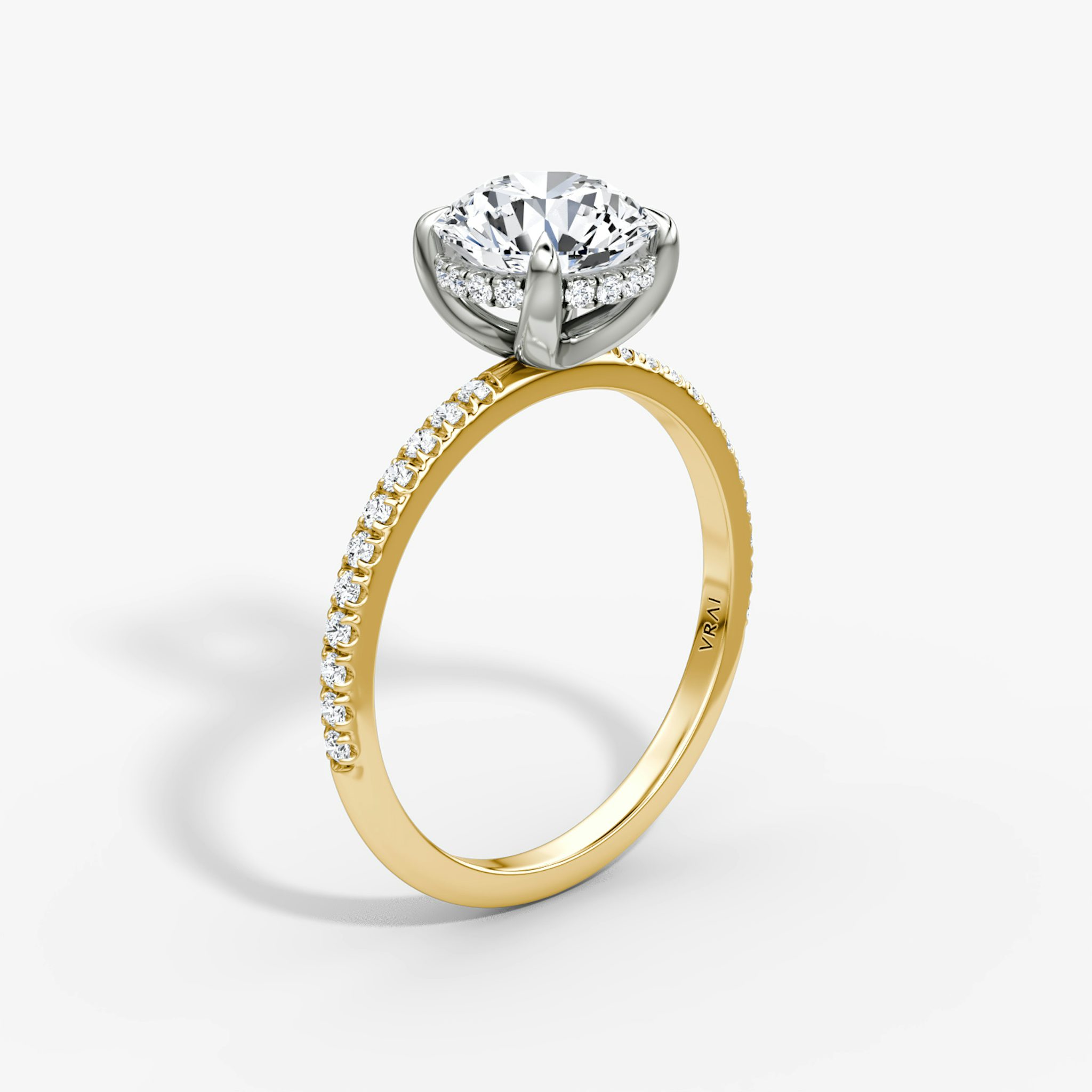 The Classic Hidden Halo | Round Brilliant | 18k | Yellow Gold and Platinum | bandAccent: Pavé | bandWidth: standard | caratWeight: 1.0ct | prongStyle: Plain | diamondOrientation: vertical