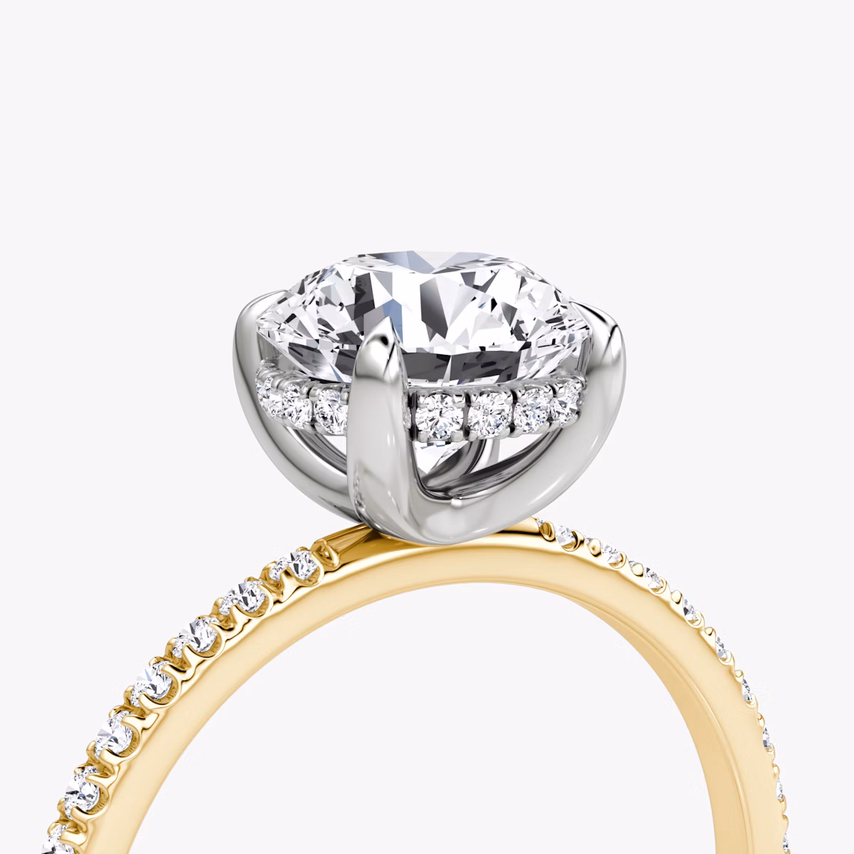The Classic Hidden Halo | Round Brilliant | 18k | Yellow Gold and Platinum | bandAccent: Pavé | bandWidth: standard | caratWeight: 1.5ct | prongStyle: Plain | diamondOrientation: vertical