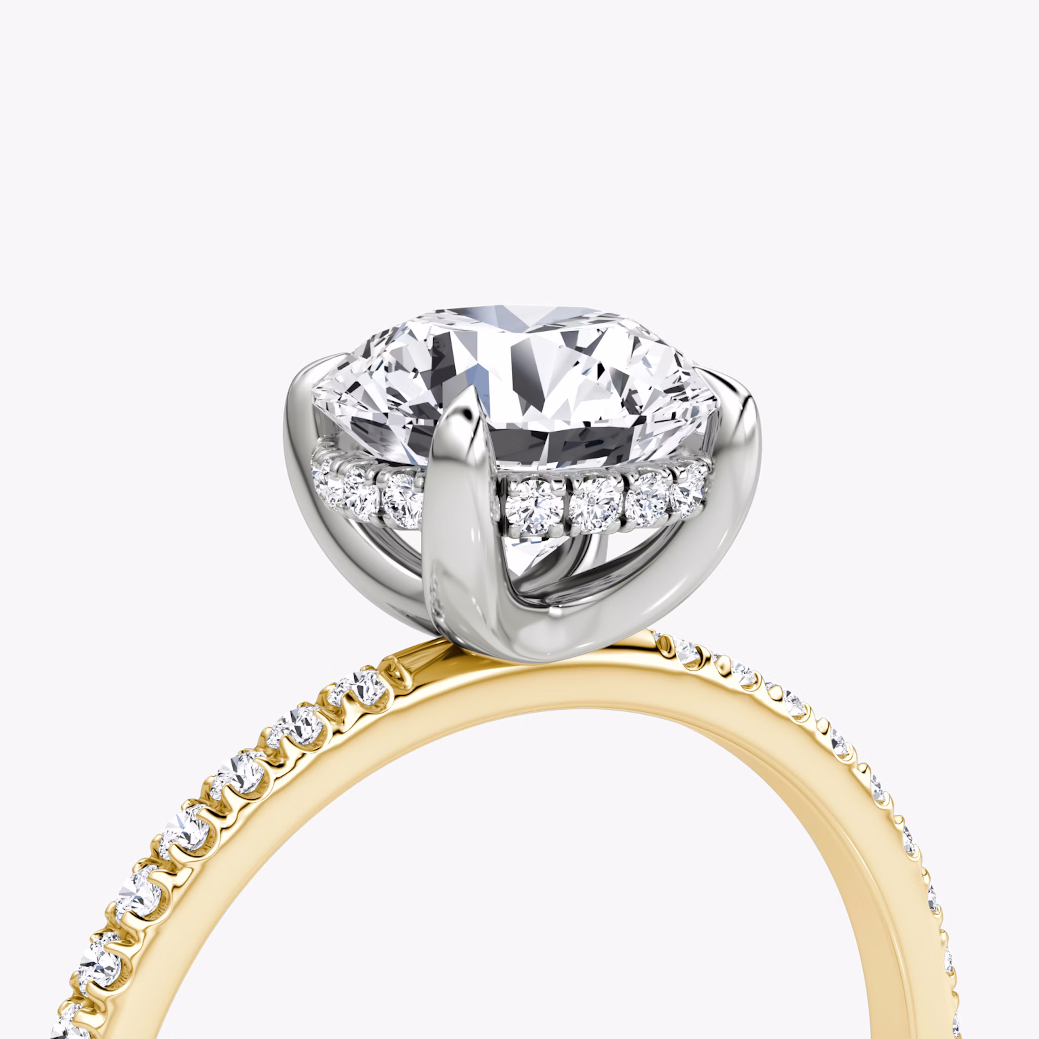The Classic Hidden Halo | Round Brilliant | 18k | Yellow Gold and Platinum | bandAccent: Pavé | bandWidth: standard | caratWeight: 1.0ct | prongStyle: Plain | diamondOrientation: vertical