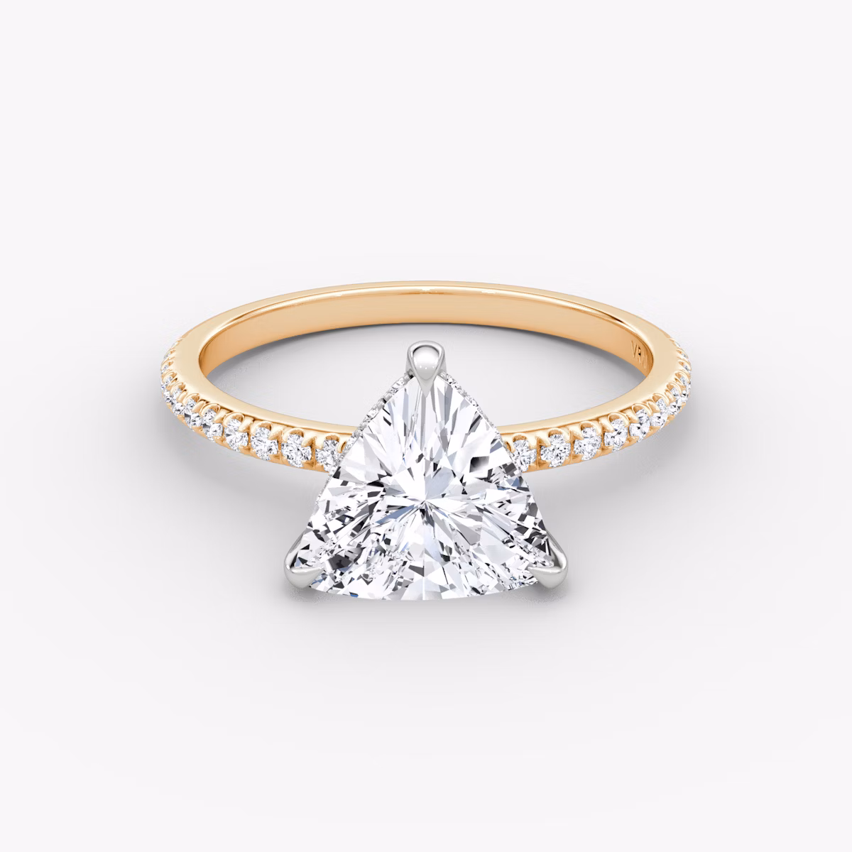 The Classic Hidden Halo | Trillion | 14k | Rose Gold and Platinum | bandAccent: Pavé | bandWidth: standard | prongStyle: Plain | diamondOrientation: vertical | caratWeight: other