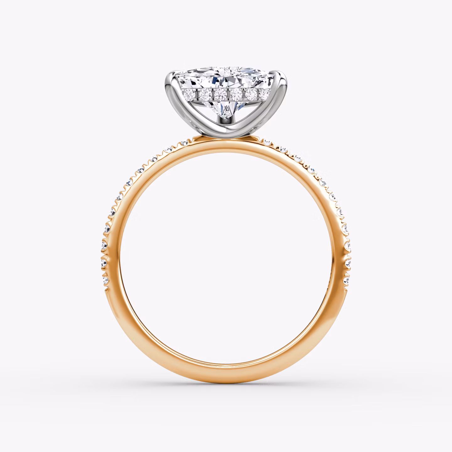 The Classic Hidden Halo | Trillion | 14k | Rose Gold and Platinum | bandAccent: Pavé | bandWidth: standard | prongStyle: Plain | diamondOrientation: vertical | caratWeight: other