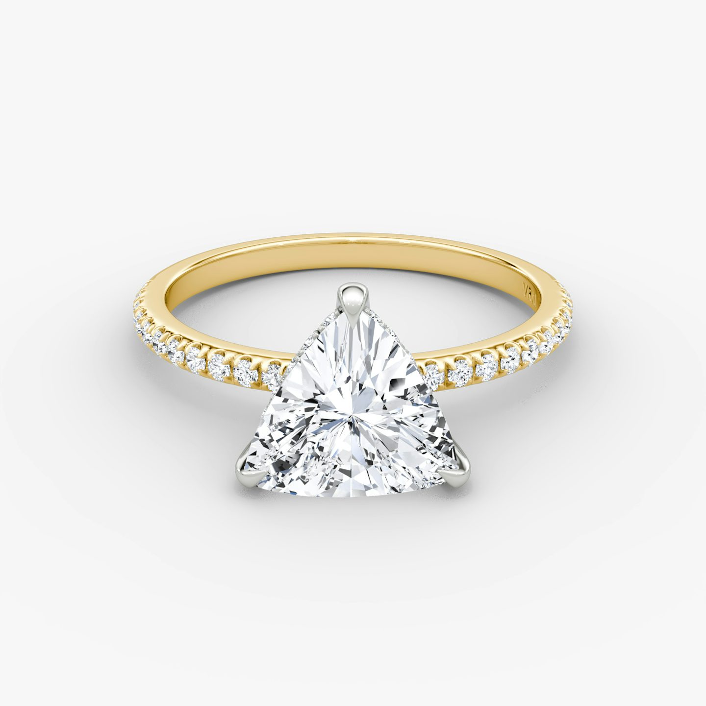 The Classic Hidden Halo | Trillion | 18k | Yellow Gold and Platinum | bandAccent: Pavé | bandWidth: standard | prongStyle: Plain | diamondOrientation: vertical | caratWeight: other