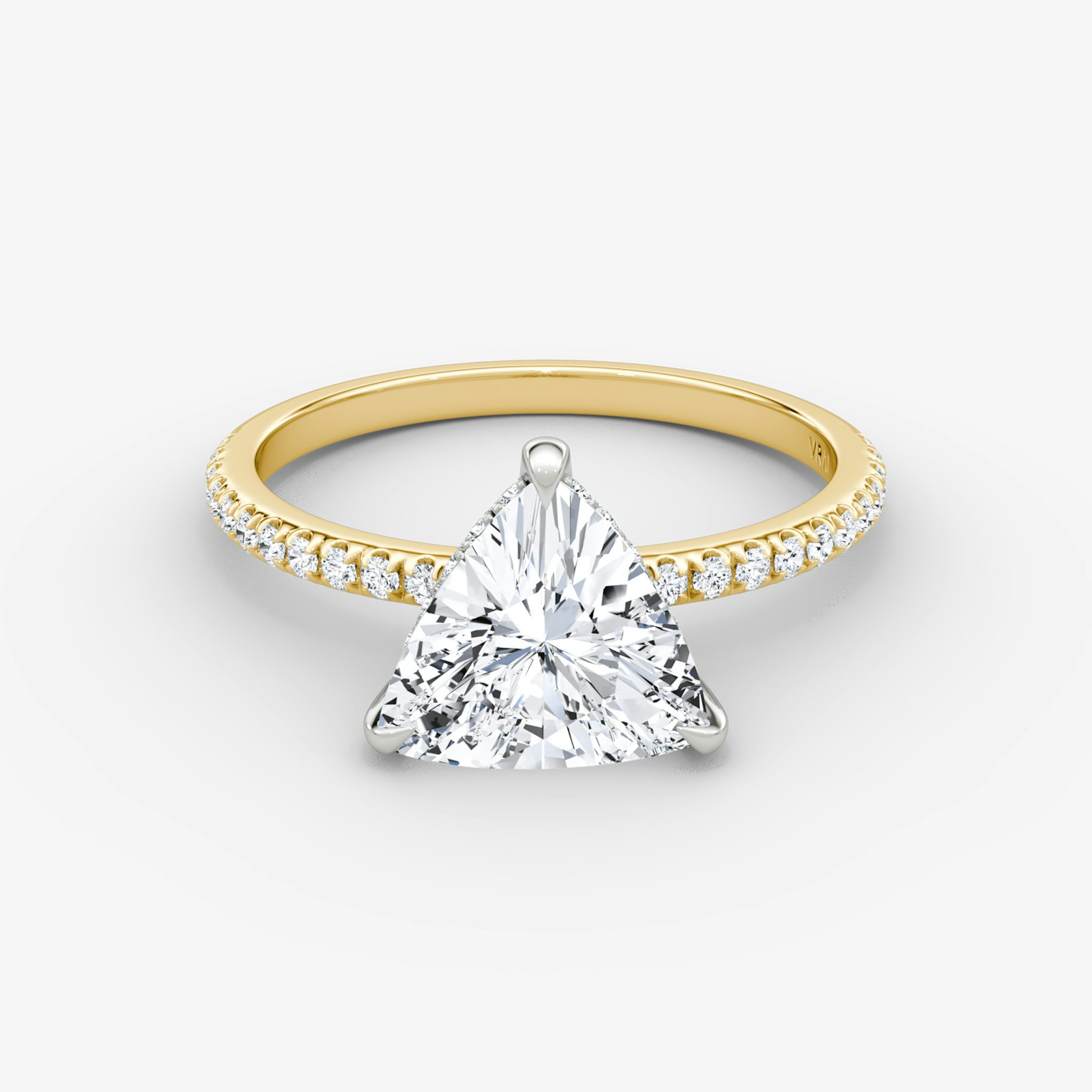 The Classic Hidden Halo | Trillion | 18k | Yellow Gold and Platinum | bandAccent: Pavé | bandWidth: standard | prongStyle: Plain | diamondOrientation: vertical | caratWeight: other