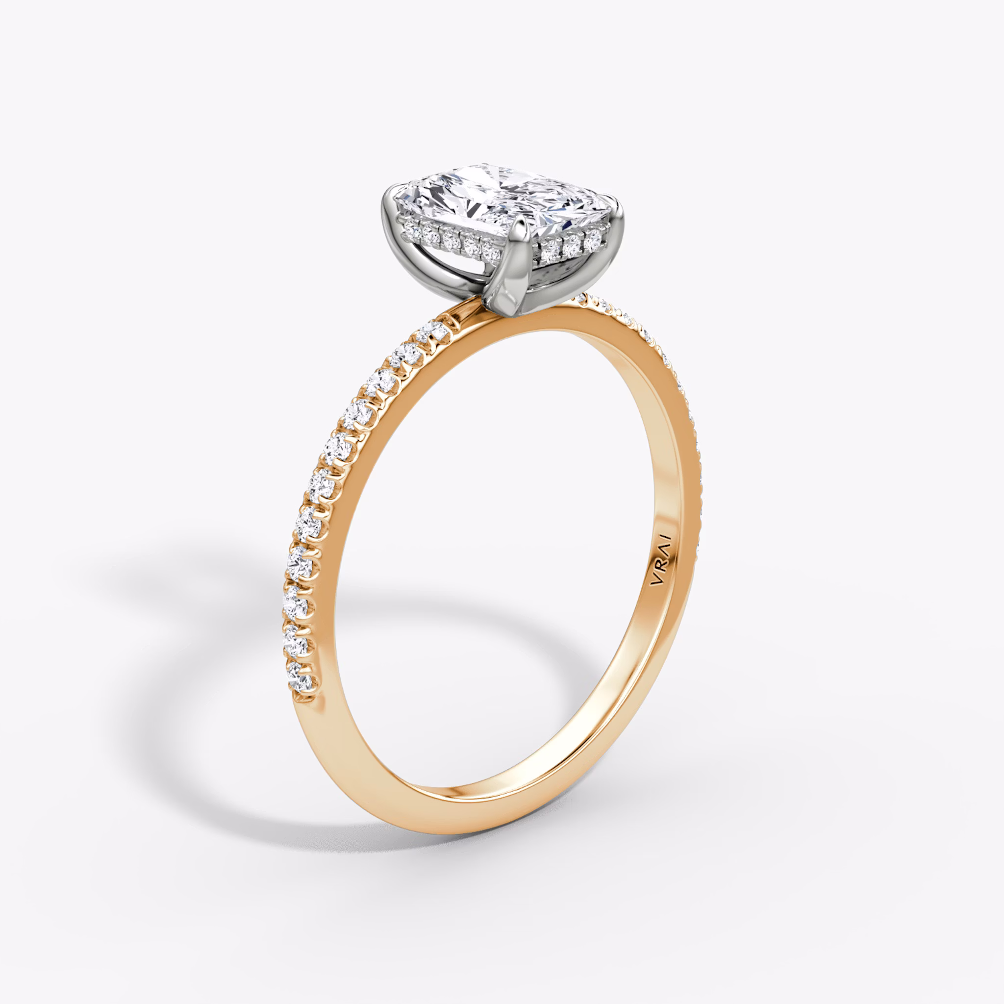 The Classic Hidden Halo | Radiant | 14k | Rose Gold and Platinum | bandAccent: Pavé | bandWidth: standard | prongStyle: Plain | diamondOrientation: vertical | caratWeight: other