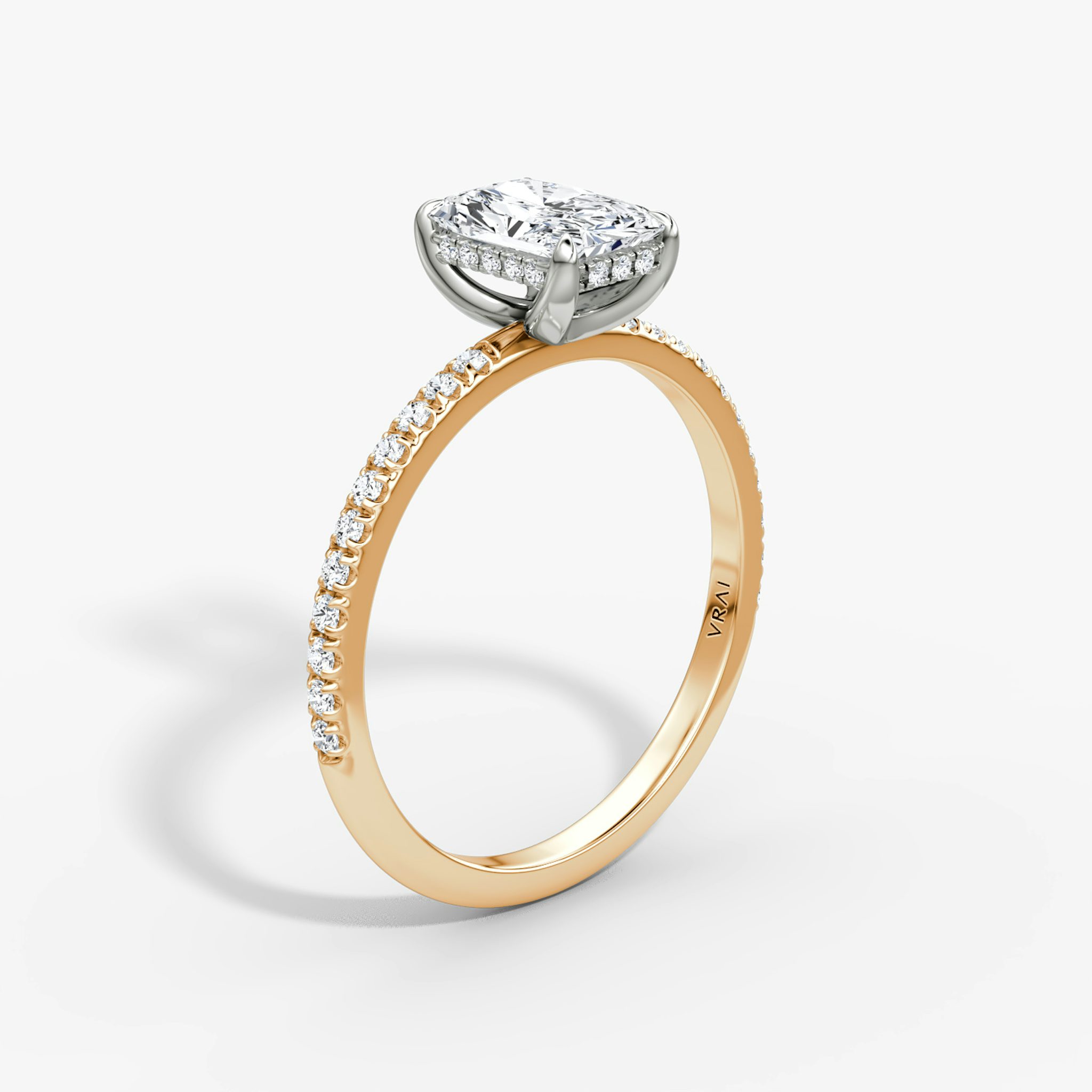 The Classic Hidden Halo | Radiant | 14k | Rose Gold and Platinum | bandAccent: Pavé | bandWidth: standard | prongStyle: Plain | diamondOrientation: vertical | caratWeight: other