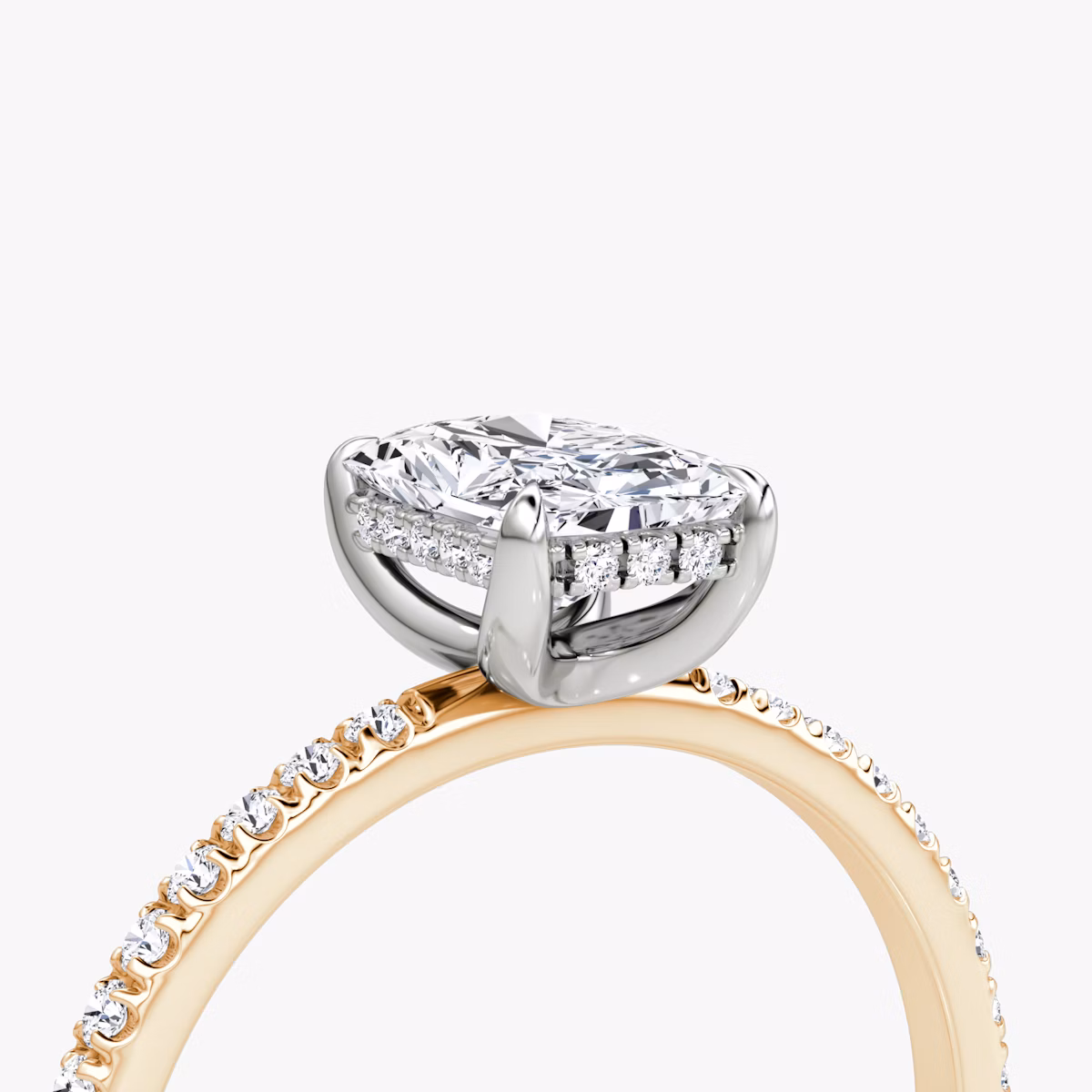 The Classic Hidden Halo | Radiant | 14k | Rose Gold and Platinum | bandAccent: Pavé | bandWidth: standard | prongStyle: Plain | diamondOrientation: vertical | caratWeight: other
