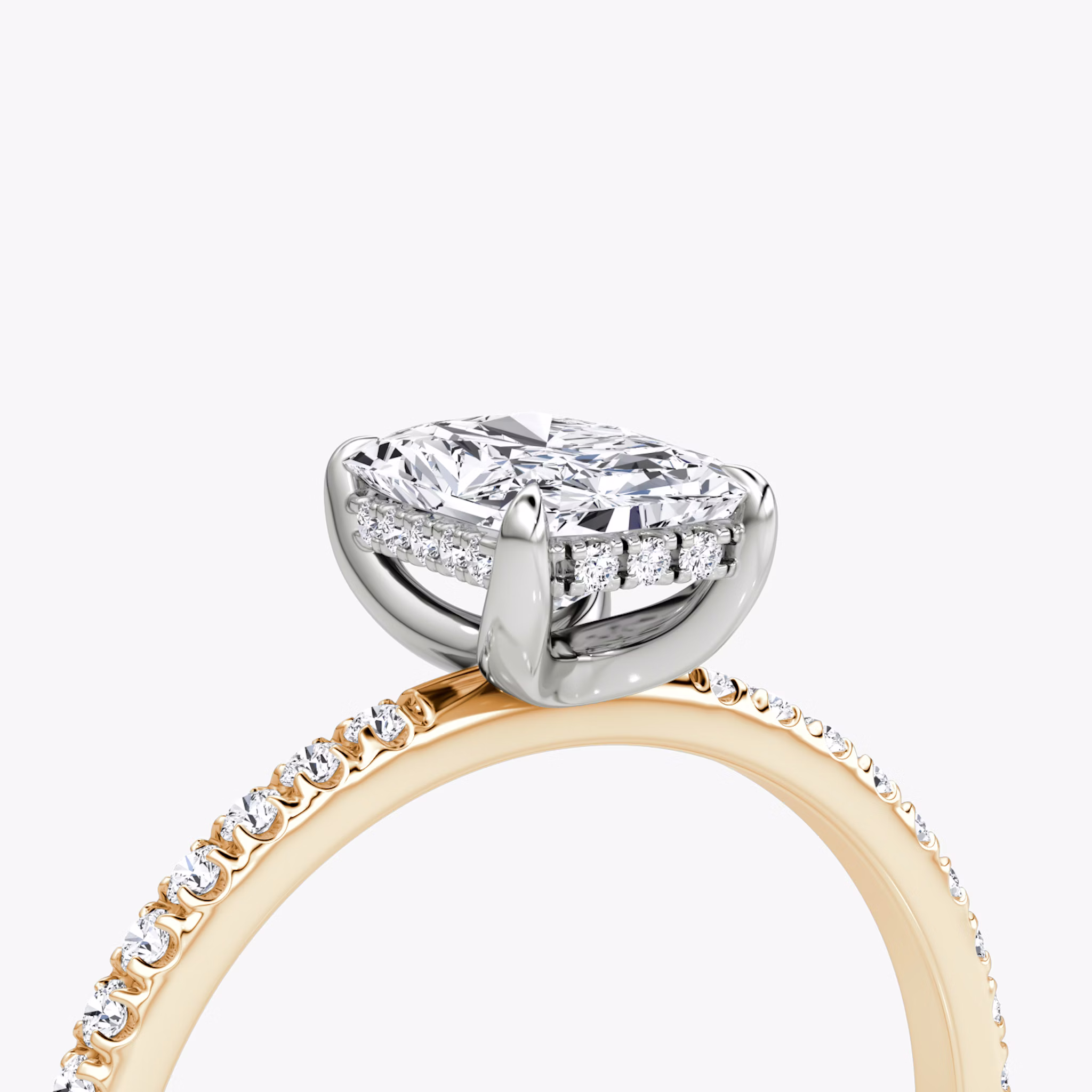 The Classic Hidden Halo | Radiant | 14k | Rose Gold and Platinum | bandAccent: Pavé | bandWidth: standard | prongStyle: Plain | diamondOrientation: vertical | caratWeight: other