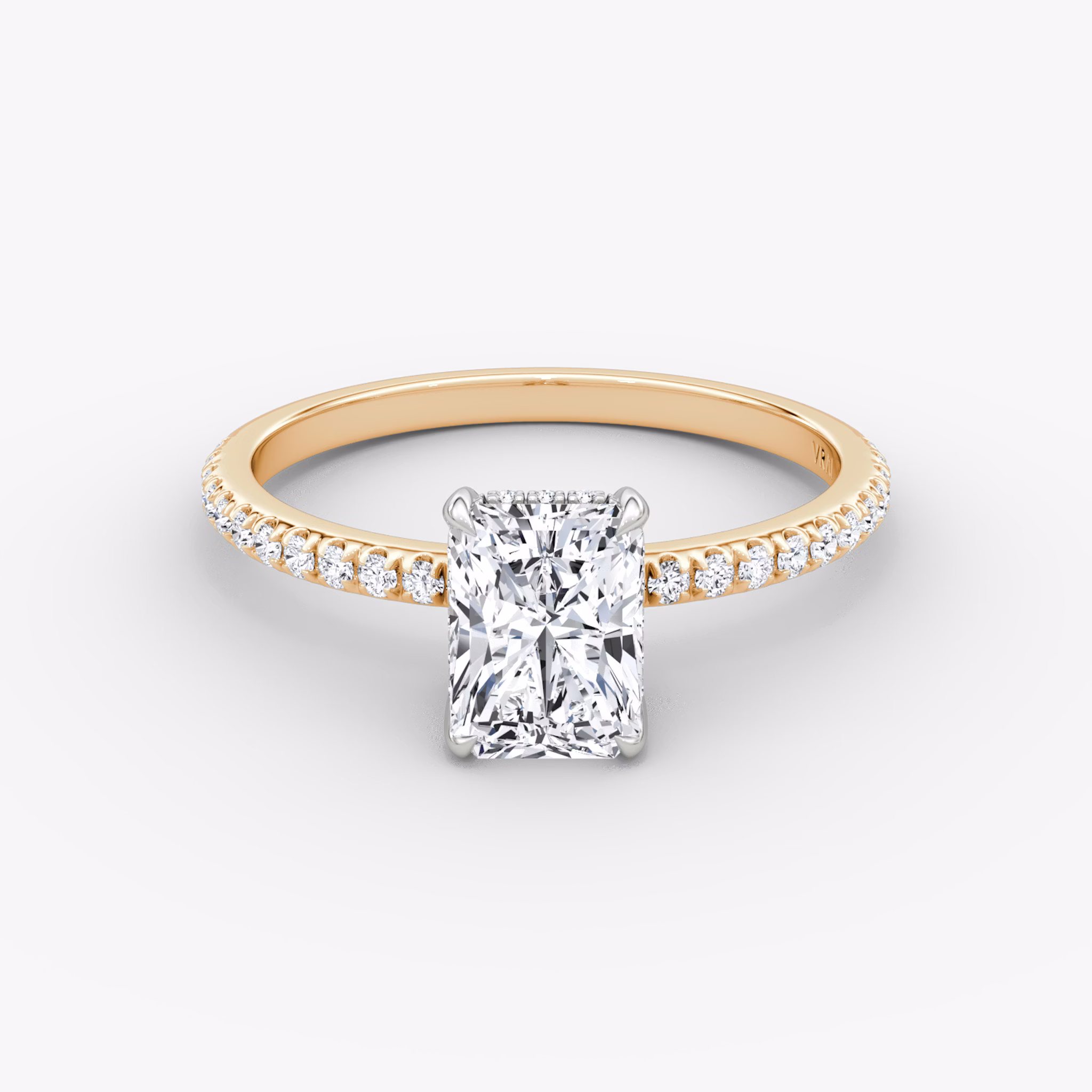 The Classic Hidden Halo | Radiant | 14k | Rose Gold and Platinum | bandAccent: Pavé | bandWidth: standard | prongStyle: Plain | diamondOrientation: vertical | caratWeight: other