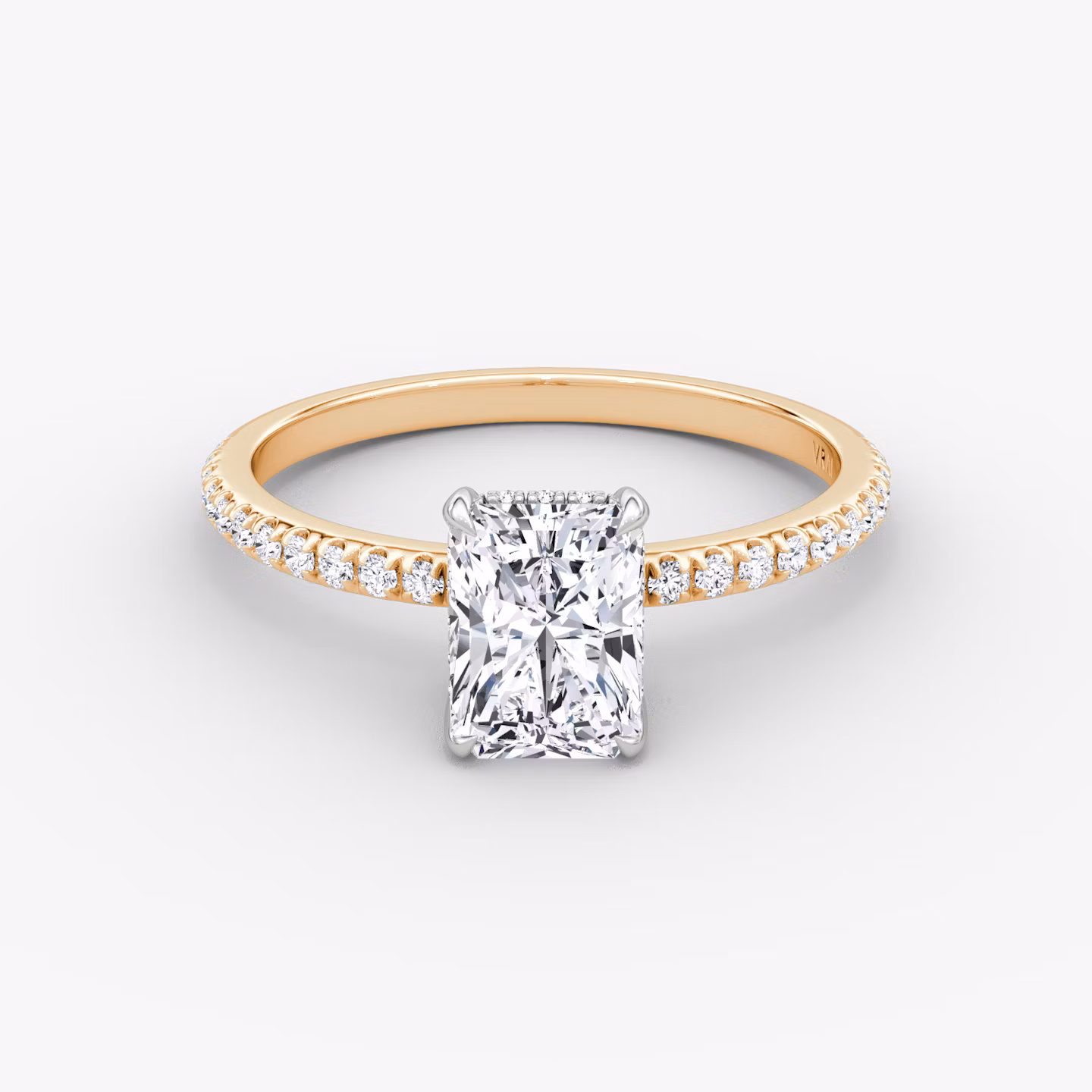 The Classic Hidden Halo | Radiant | 14k | Rose Gold and Platinum | bandAccent: Pavé | bandWidth: standard | prongStyle: Plain | diamondOrientation: vertical | caratWeight: other