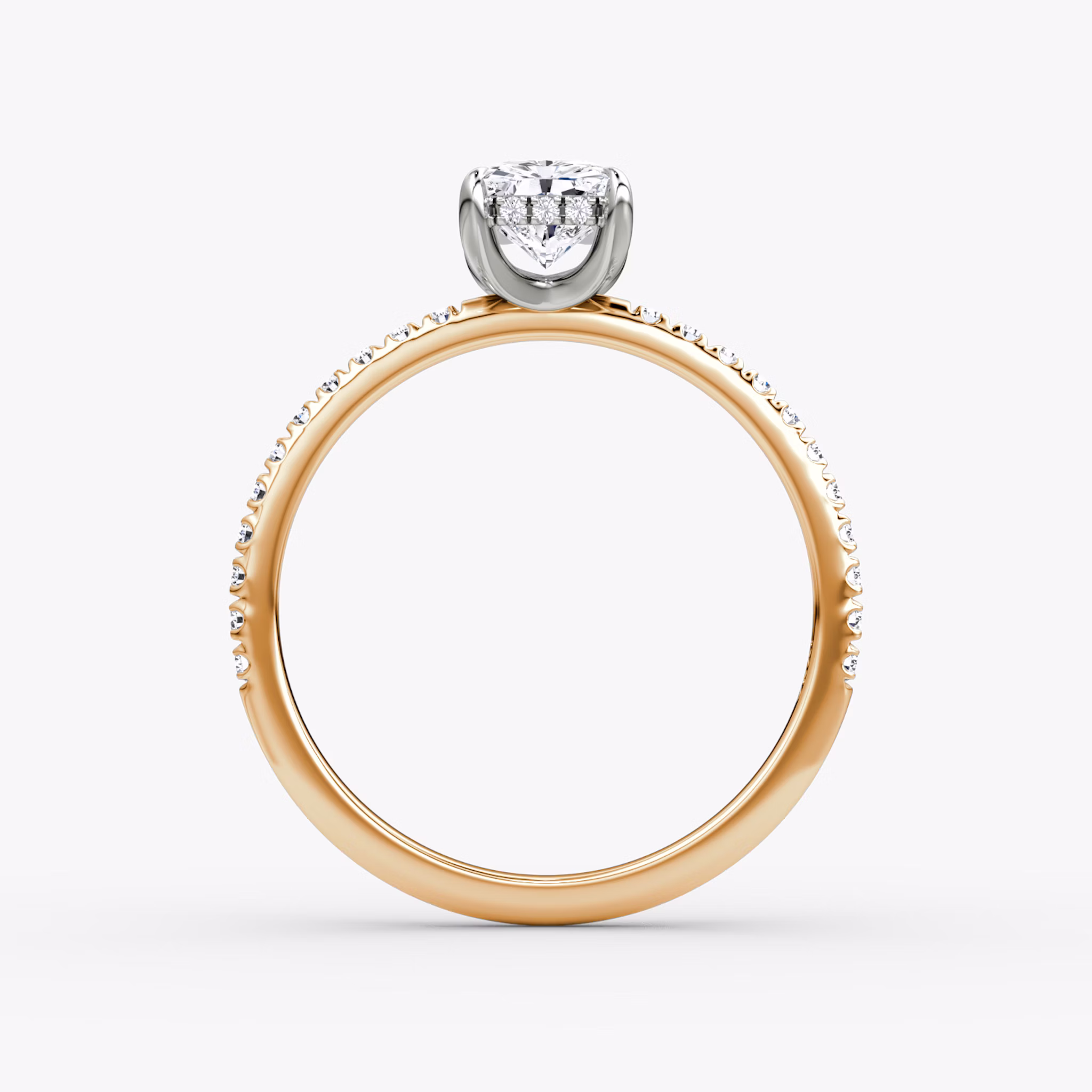 The Classic Hidden Halo | Radiant | 14k | Rose Gold and Platinum | bandAccent: Pavé | bandWidth: standard | prongStyle: Plain | diamondOrientation: vertical | caratWeight: other