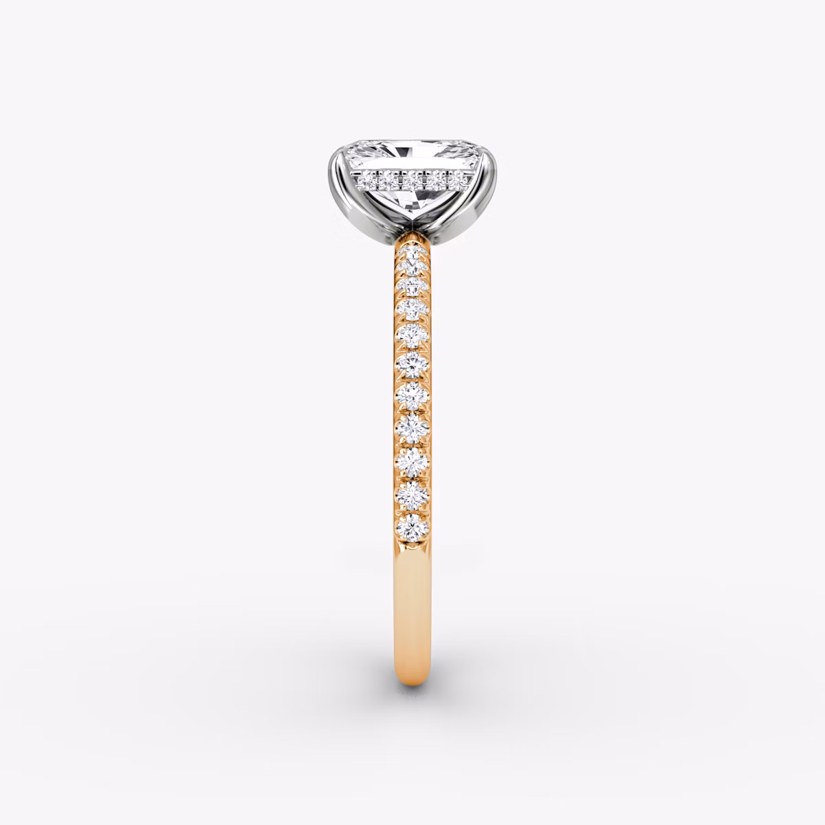 The Classic Hidden Halo | Radiant | 14k | Rose Gold and Platinum | bandAccent: Pavé | bandWidth: standard | prongStyle: Plain | diamondOrientation: vertical | caratWeight: other