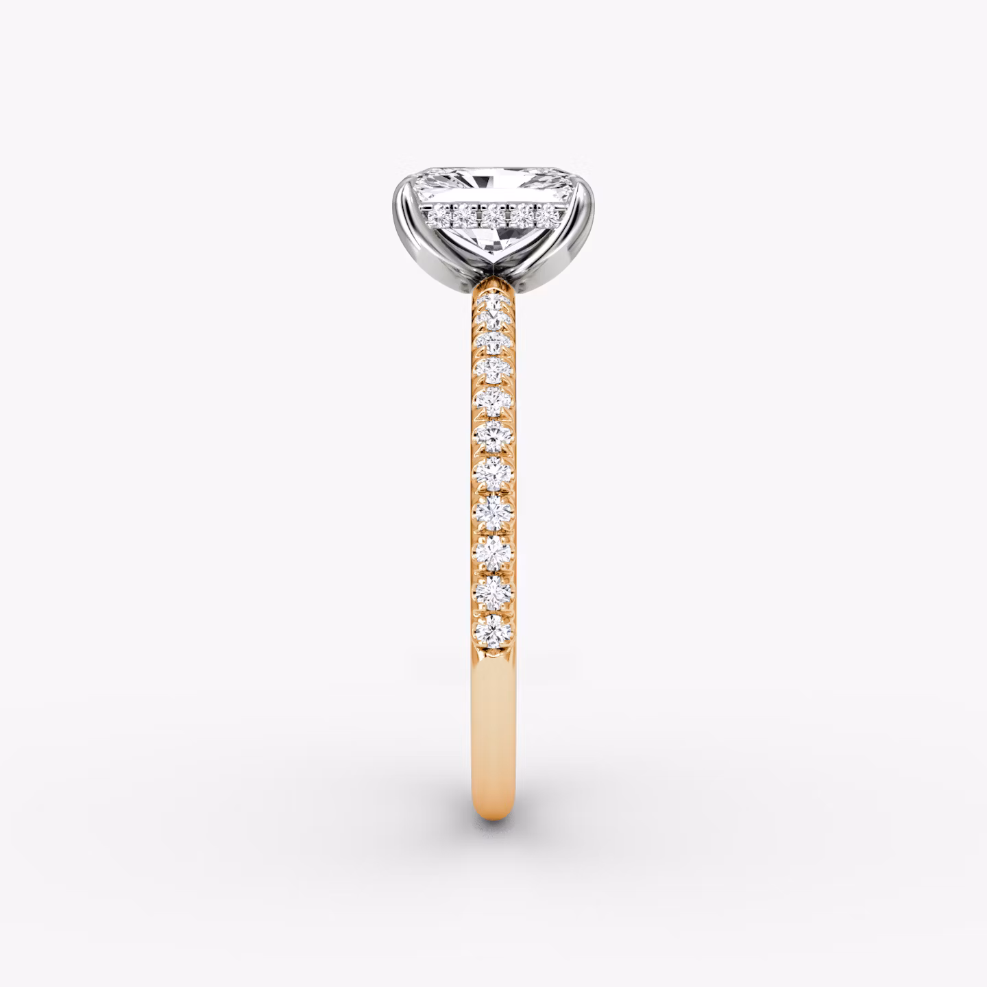 The Classic Hidden Halo | Radiant | 14k | Rose Gold and Platinum | bandAccent: Pavé | bandWidth: standard | prongStyle: Plain | diamondOrientation: vertical | caratWeight: other