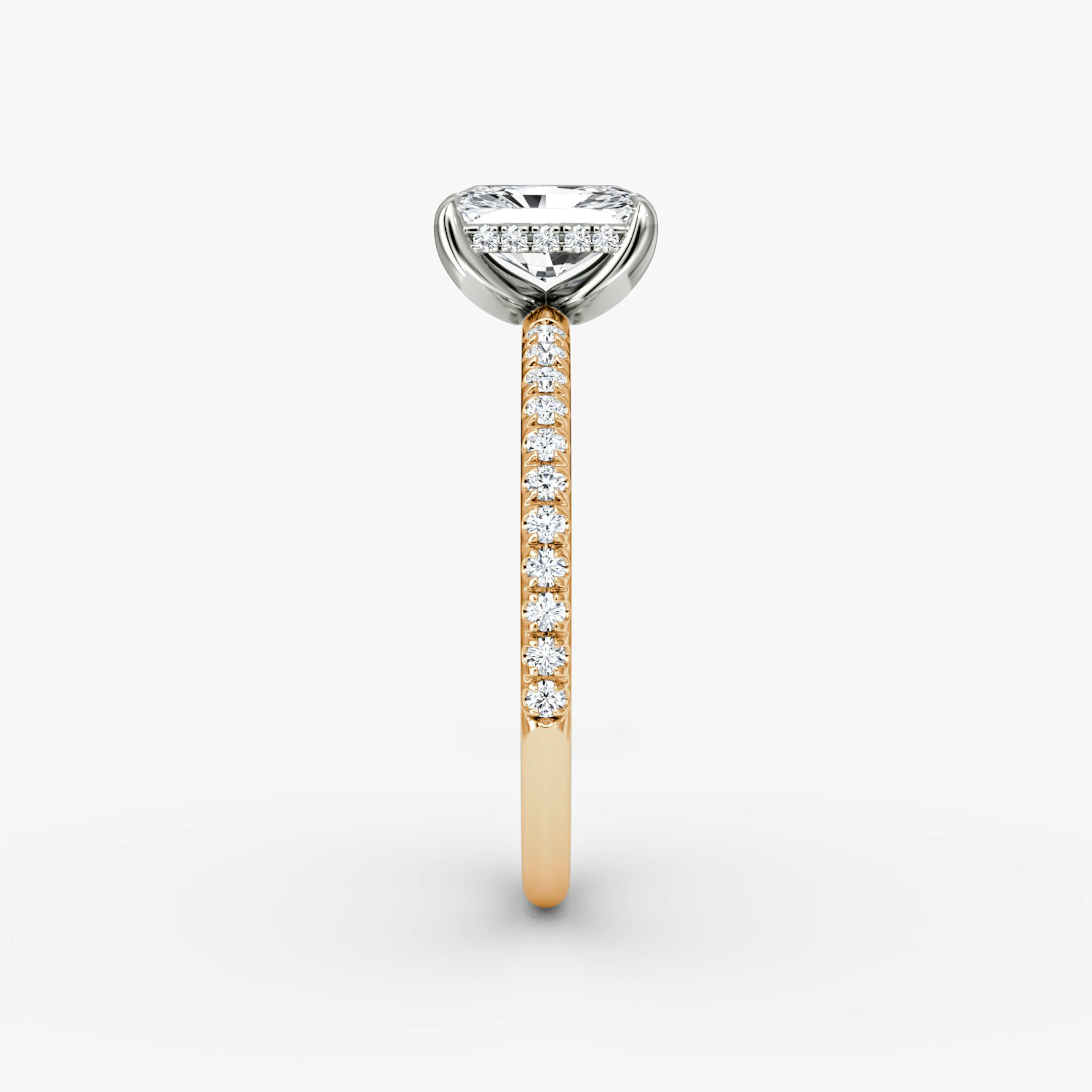 The Classic Hidden Halo | Radiant | 14k | Rose Gold and Platinum | bandAccent: Pavé | bandWidth: standard | prongStyle: Plain | diamondOrientation: vertical | caratWeight: other