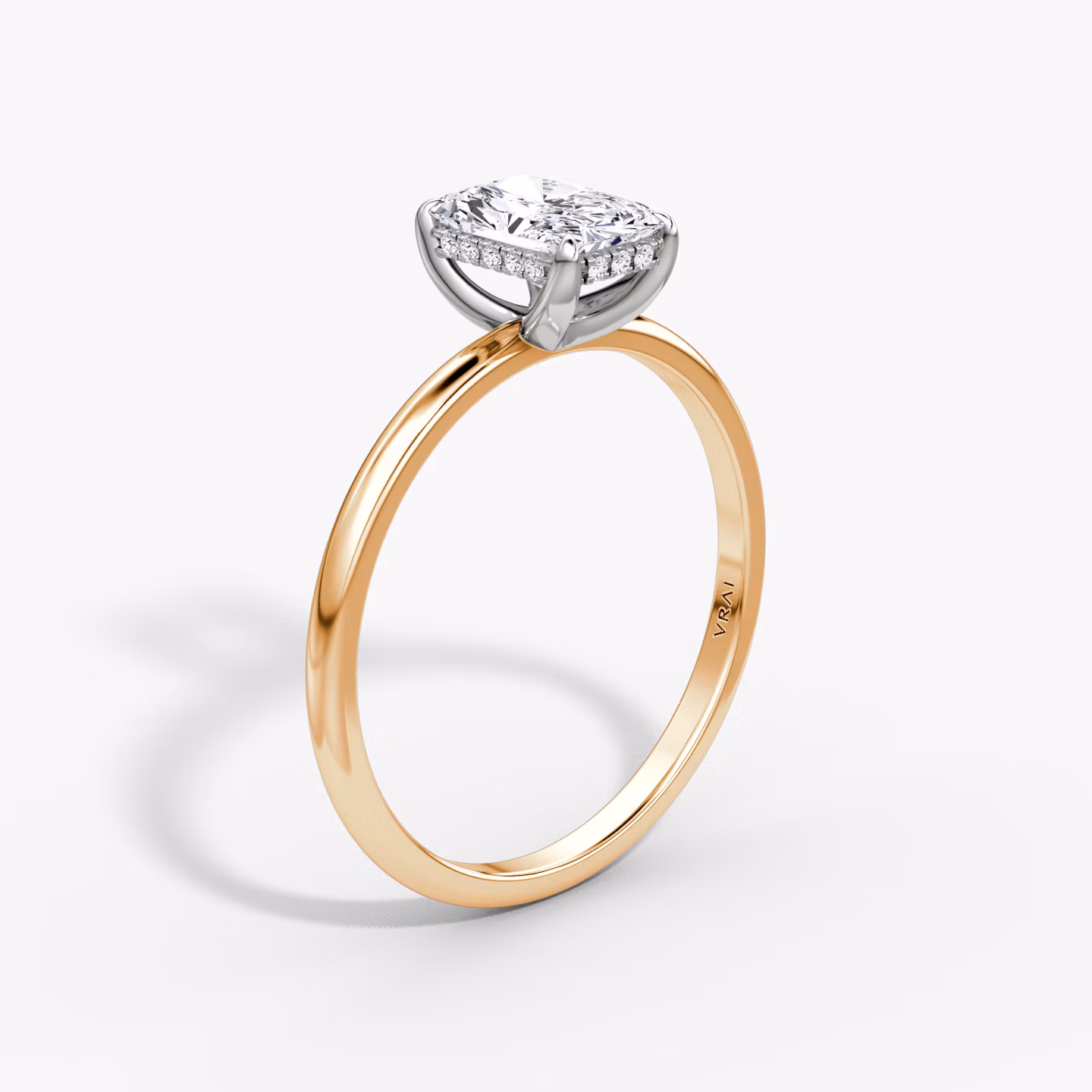 The Classic Hidden Halo | Radiant | 14k | Rose Gold and Platinum | bandAccent: Plain | bandWidth: standard | prongStyle: Plain | diamondOrientation: vertical | caratWeight: other