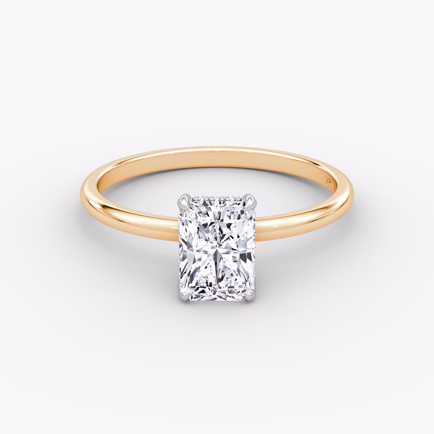 The Classic Hidden Halo | Radiant | 14k | Rose Gold and Platinum | bandAccent: Plain | bandWidth: standard | prongStyle: Plain | diamondOrientation: vertical | caratWeight: other