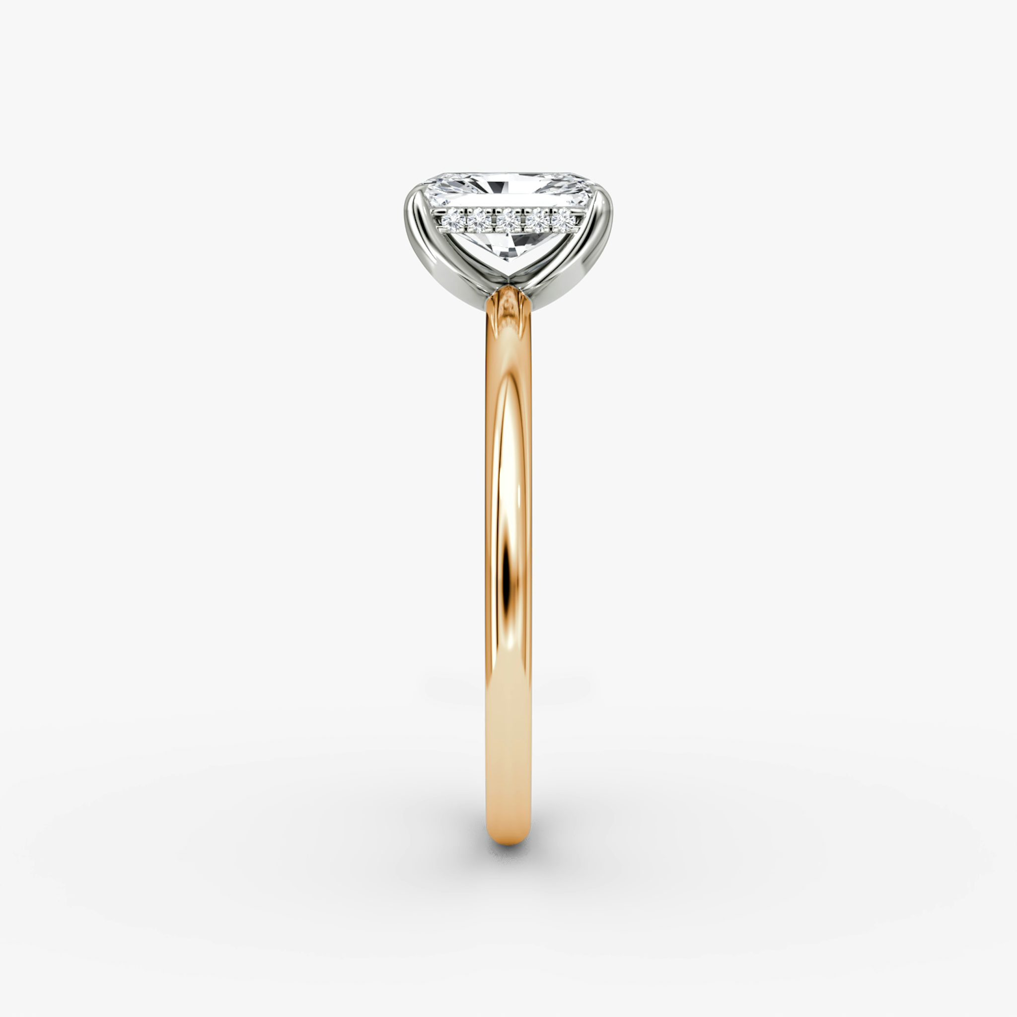 The Classic Hidden Halo | Radiant | 14k | Rose Gold and Platinum | bandAccent: Plain | bandWidth: standard | prongStyle: Plain | diamondOrientation: vertical | caratWeight: other