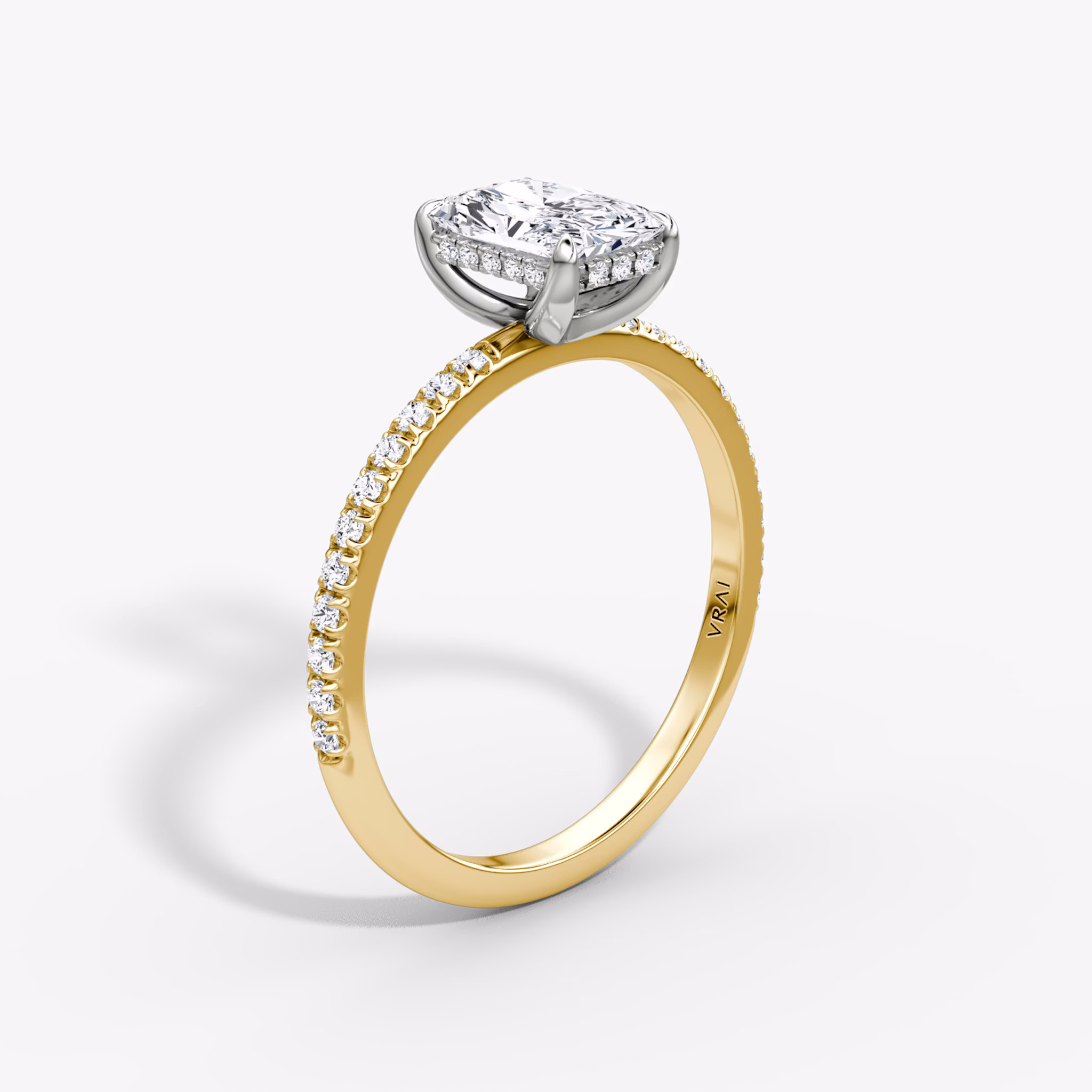 The Classic Hidden Halo | Radiant | 18k | Yellow Gold and Platinum | bandAccent: Pavé | bandWidth: standard | prongStyle: Plain | diamondOrientation: vertical | caratWeight: other