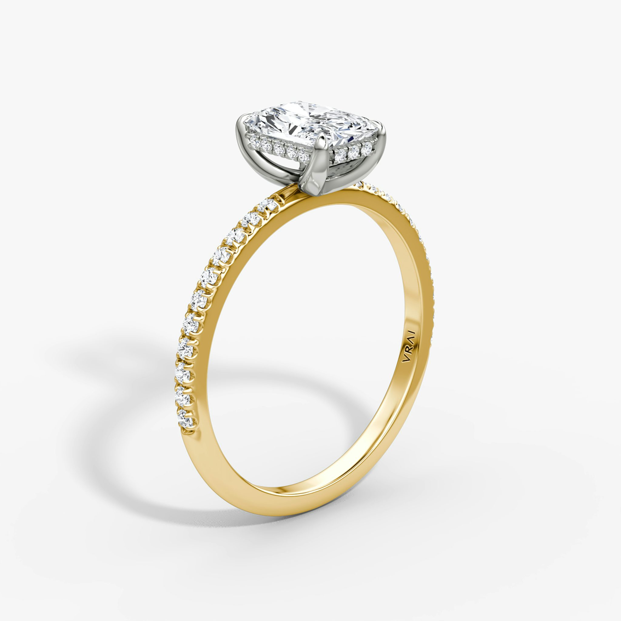 The Classic Hidden Halo | Radiant | 18k | Yellow Gold and Platinum | bandAccent: Pavé | bandWidth: standard | prongStyle: Plain | diamondOrientation: vertical | caratWeight: other