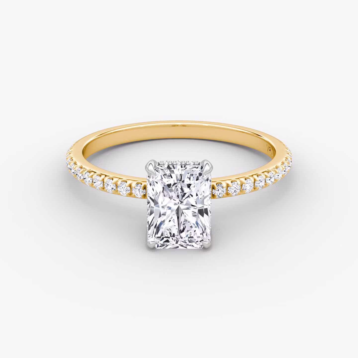 The Classic Hidden Halo | Radiant | 18k | Yellow Gold and Platinum | bandAccent: Pavé | bandWidth: standard | prongStyle: Plain | diamondOrientation: vertical | caratWeight: other