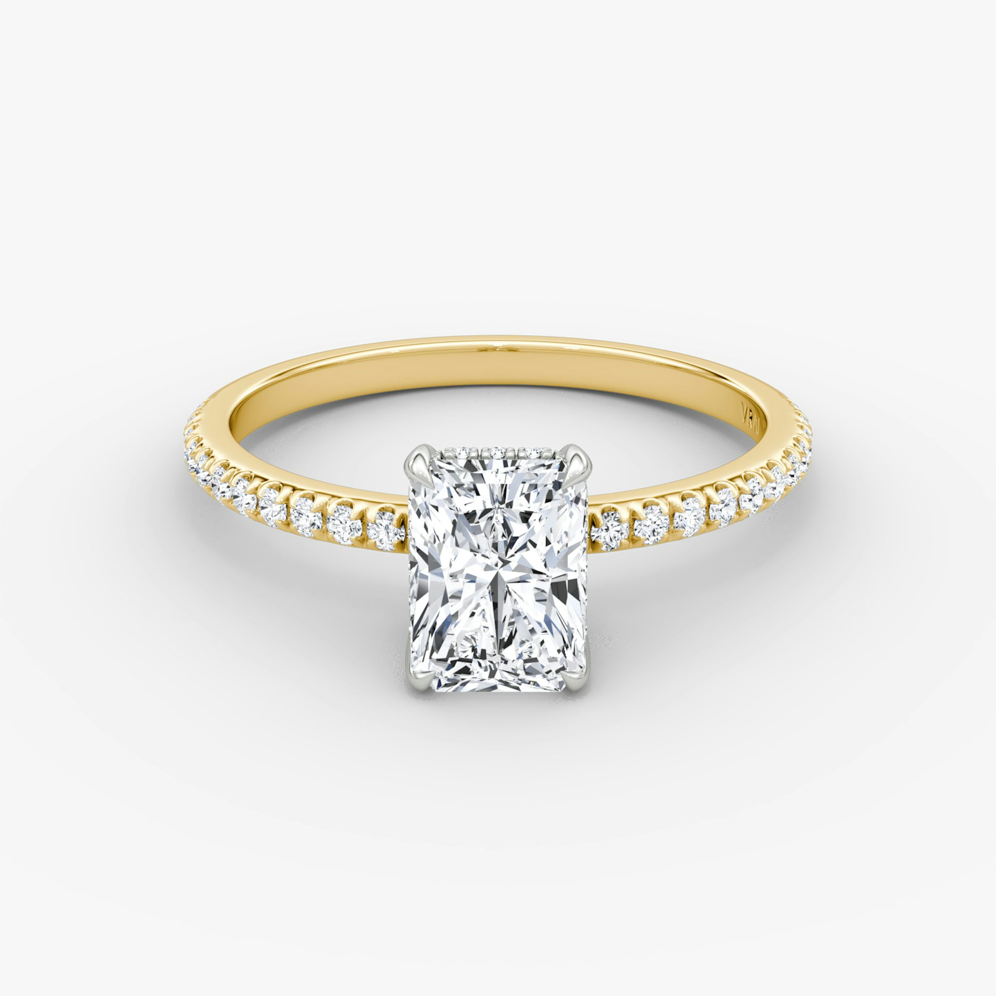 The Classic Hidden Halo | Radiant | 18k | Yellow Gold and Platinum | bandAccent: Pavé | bandWidth: standard | prongStyle: Plain | diamondOrientation: vertical | caratWeight: other