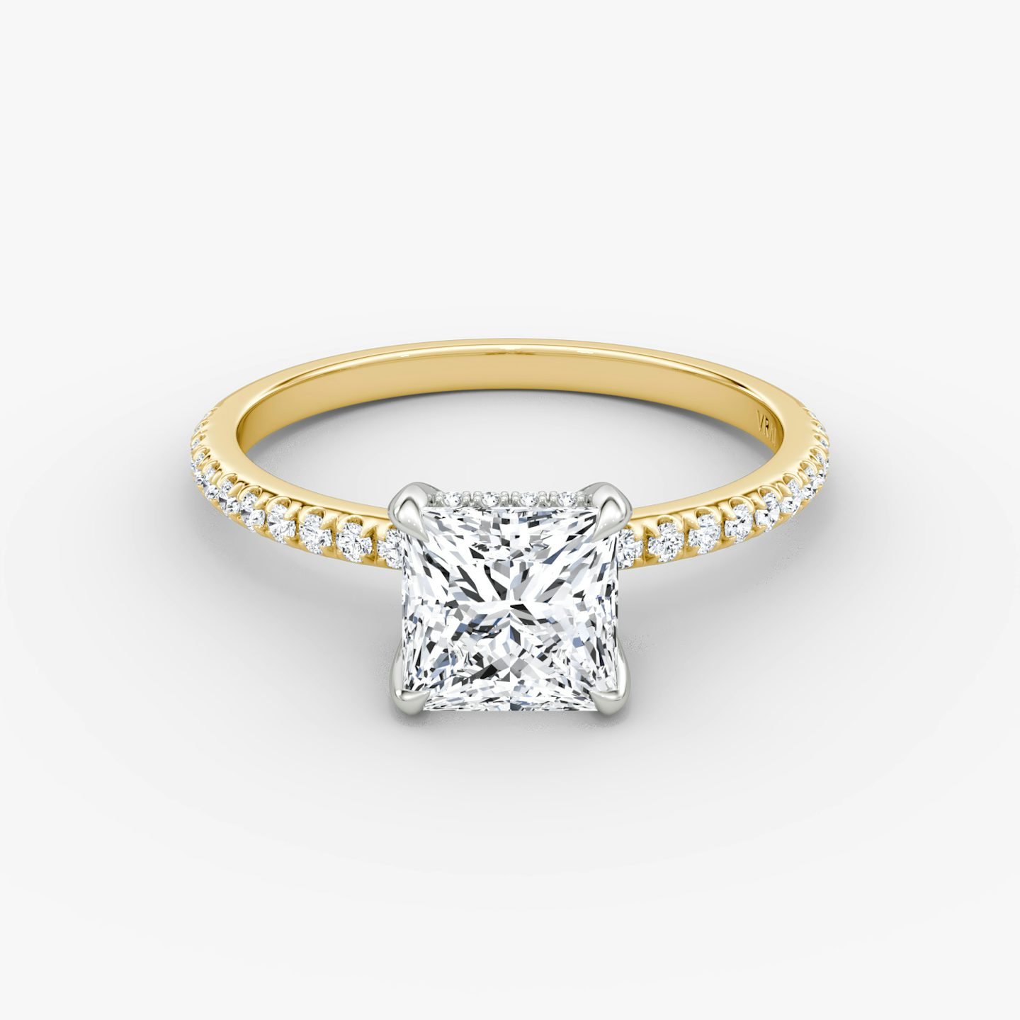The Classic Hidden Halo | Princess | 18k | Yellow Gold and Platinum | bandAccent: Pavé | bandWidth: standard | prongStyle: Plain | diamondOrientation: vertical | caratWeight: other
