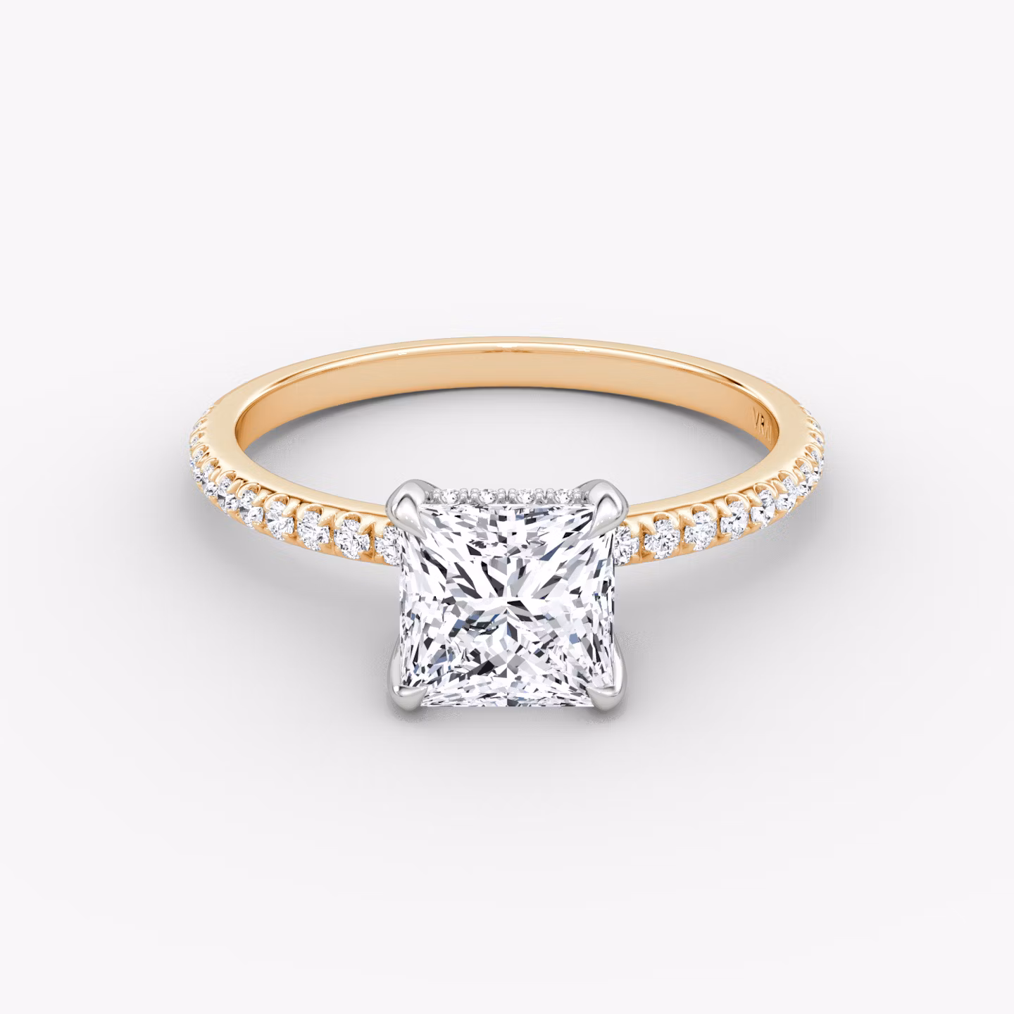 The Classic Hidden Halo | Princess | 14k | Rose Gold and Platinum | bandAccent: Pavé | bandWidth: standard | prongStyle: Plain | diamondOrientation: vertical | caratWeight: other