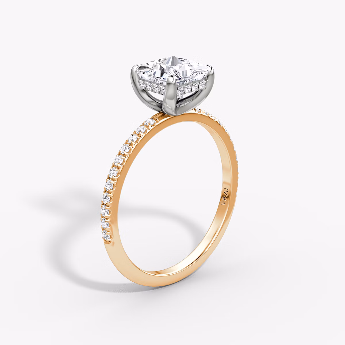 The Classic Hidden Halo | Princess | 14k | Rose Gold and Platinum | bandAccent: Pavé | bandWidth: standard | prongStyle: Plain | diamondOrientation: vertical | caratWeight: other