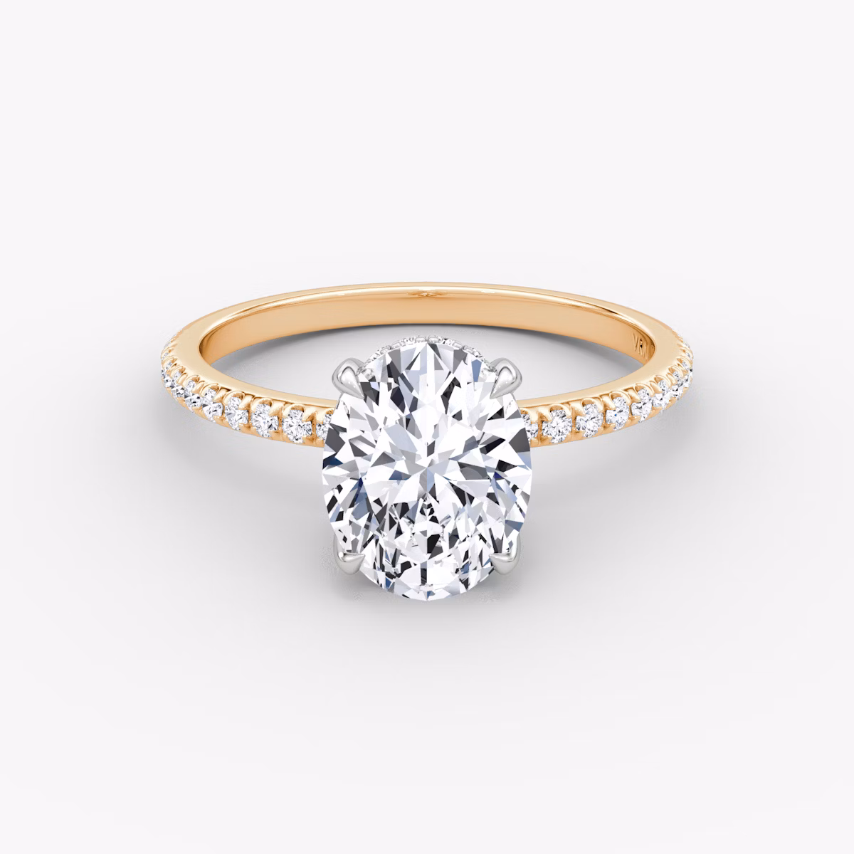 The Classic Hidden Halo | Oval | 14k | Rose Gold and Platinum | bandAccent: Pavé | bandWidth: standard | prongStyle: Plain | diamondOrientation: vertical | caratWeight: other