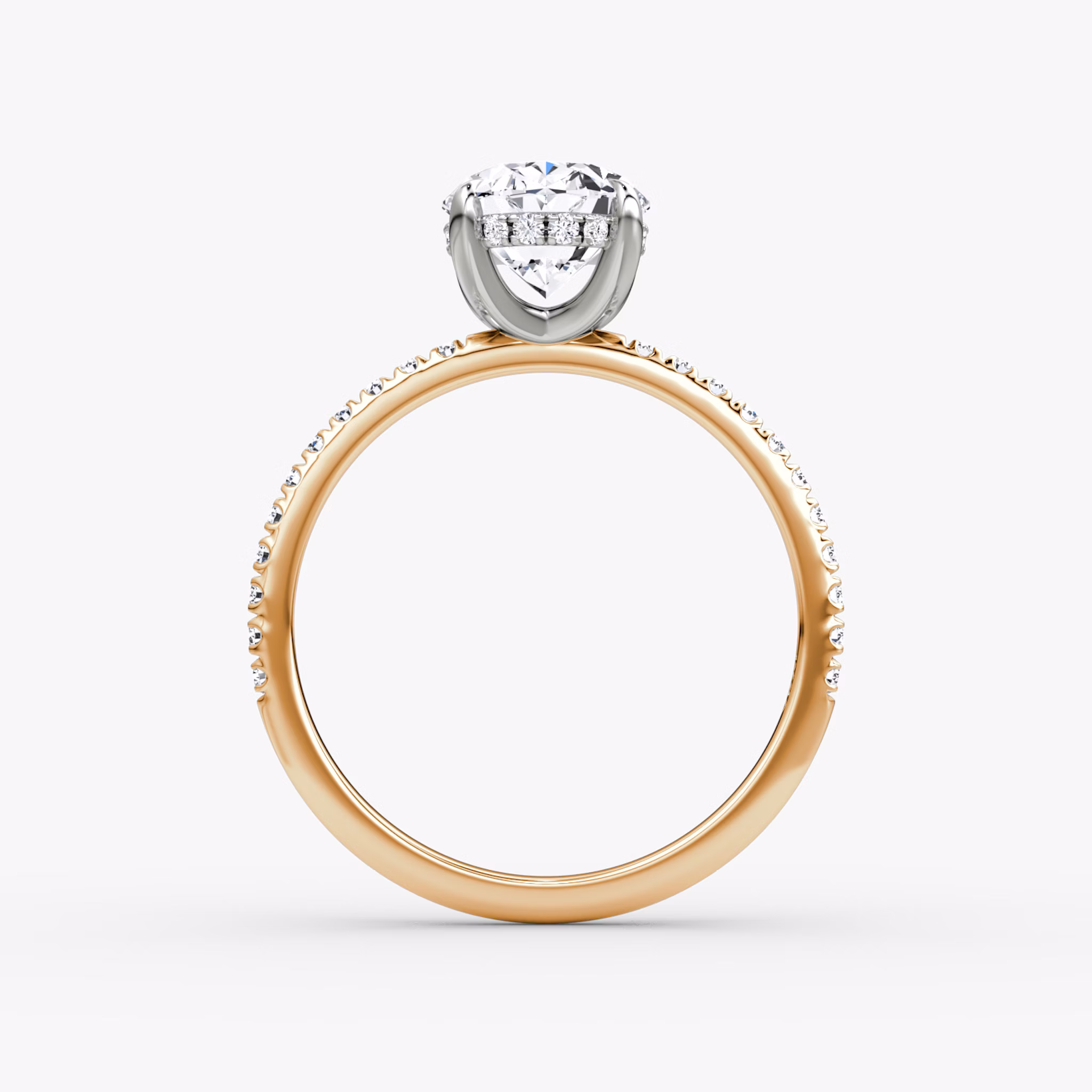 The Classic Hidden Halo | Oval | 14k | Rose Gold and Platinum | bandAccent: Pavé | bandWidth: standard | prongStyle: Plain | diamondOrientation: vertical | caratWeight: other